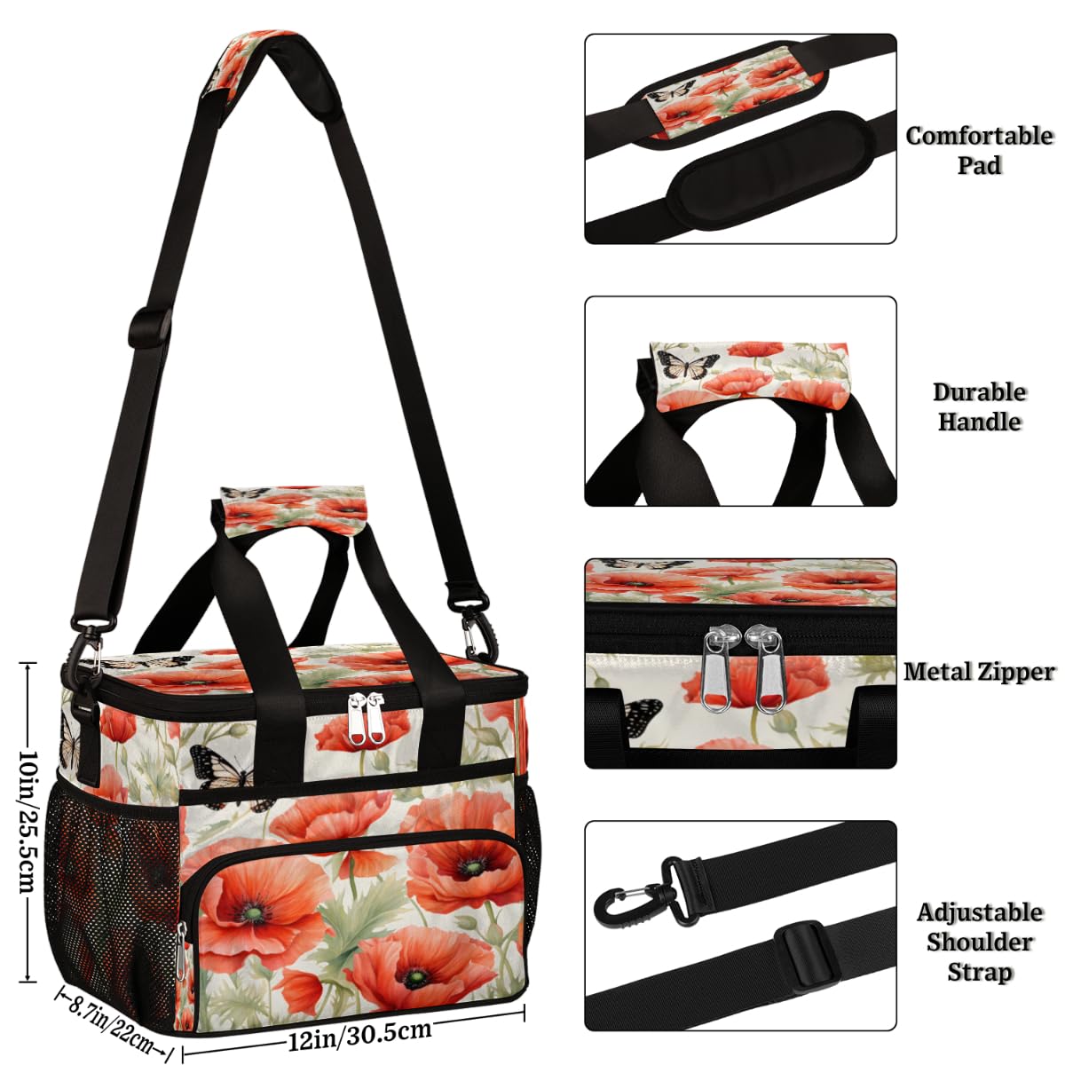 Butterfly Insulated Picnic Backpack Lunch Box for Women Men Picnic Basket Tote Lunch Bag Picnic Bag Portable Lunch Bags for Picnic, Beach, Work, Trip,Office, Camp Red Poppy