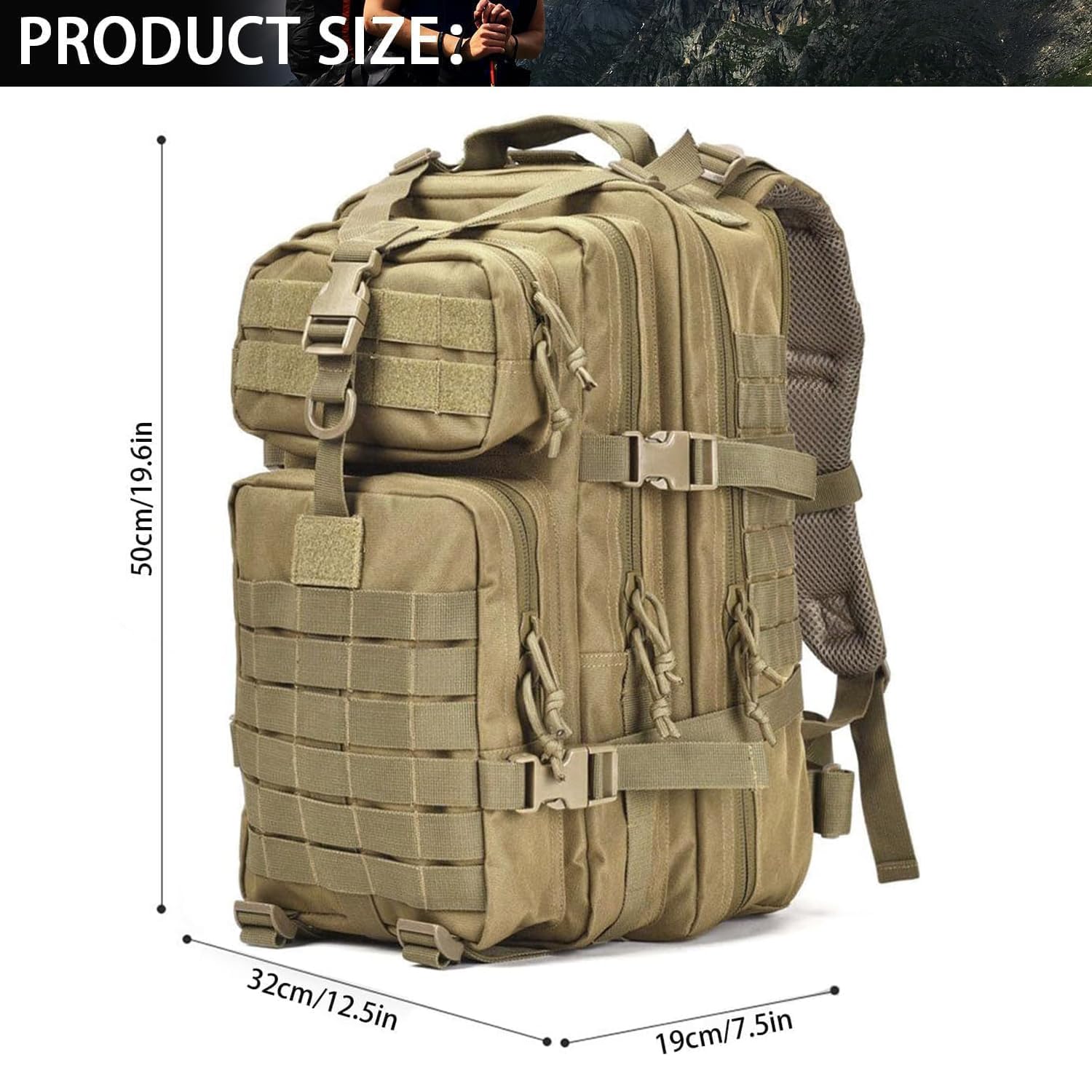 aiGear 45L Zaino Tattico Militare Grande Capacità Impermeabile Kaki | Zaino Trekking, Borsone da Viaggio per Uomo/Donna, per Sport all'aperto Trekking Escursioni Pesca Palestra Camping
