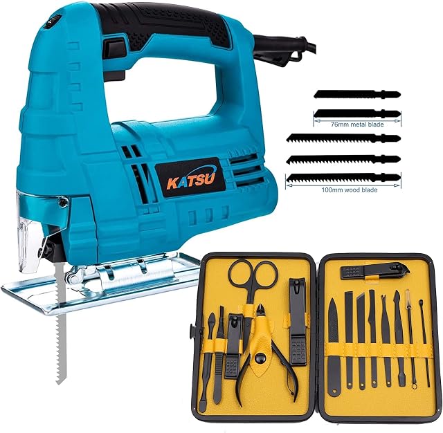 Electric Jigsaw KATSU 400W with 5 Blades and Small Gift, Variable Speed, for Plastic Wood Steel Cutting