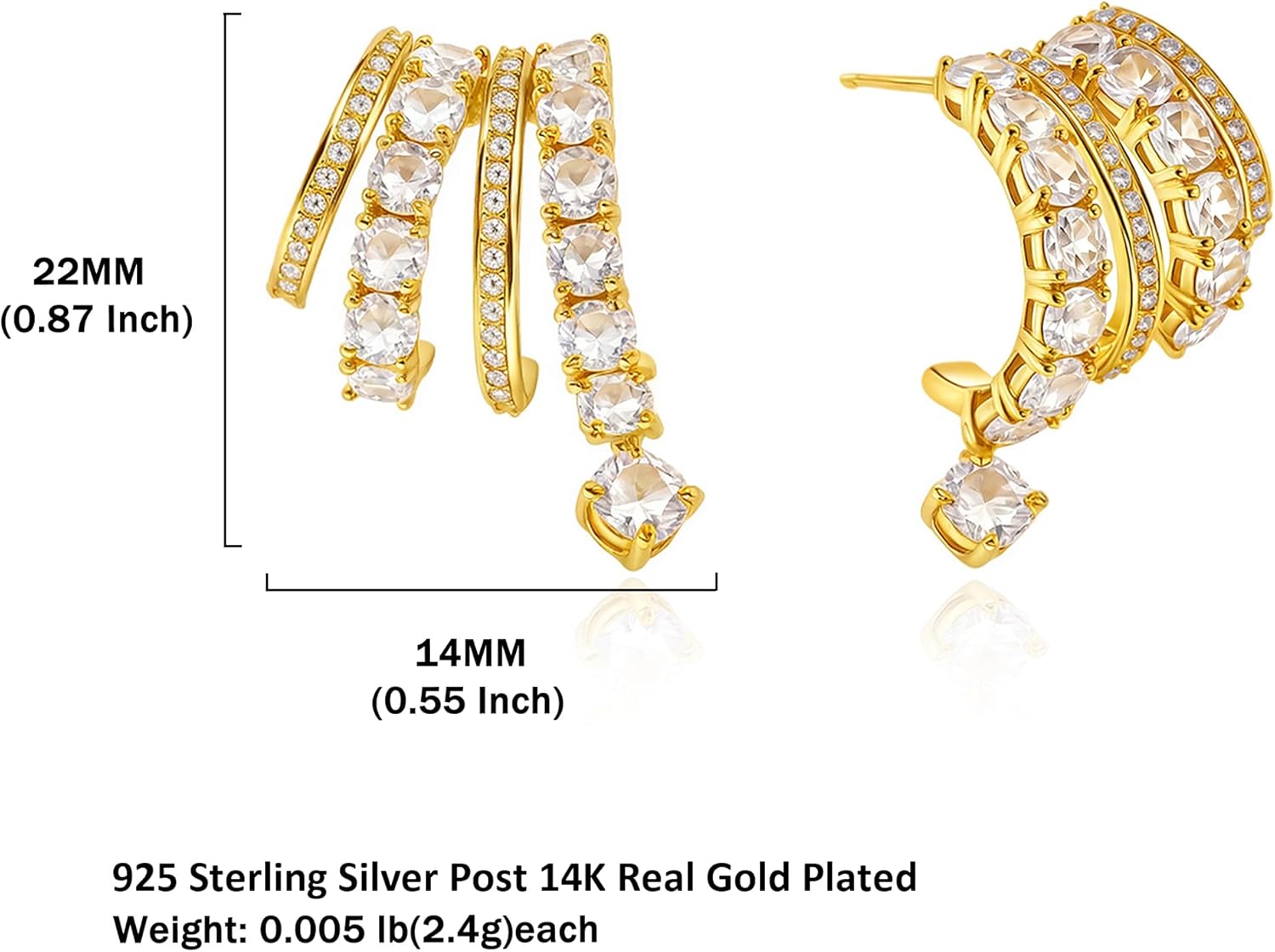 Triple Hoop Illusion Stud Earring for Women – 14K Gold Plated Unique Diamond Huggie Stud Earrings for One Piercing – Faux Multi Hoops Design, Hypoallergenic Fashion Jewelry Earrings - Image 2