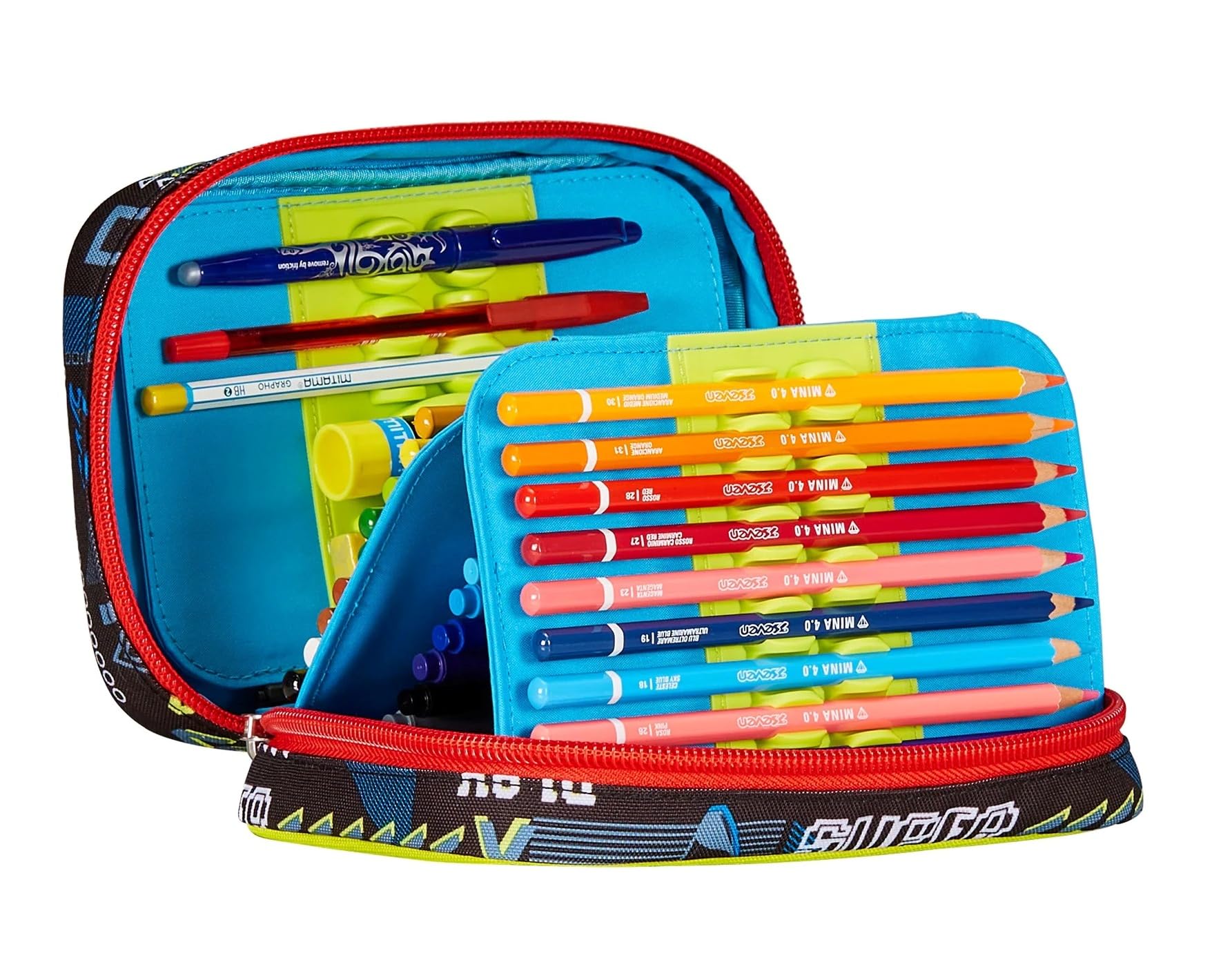 Astuccio Scuola Seven Speed Pad Funnygoal Calcio Chiusura zip completo + portachiave calcio 3D e doppio set colori + Ricambio 12 pastelli e 12 pennarelli