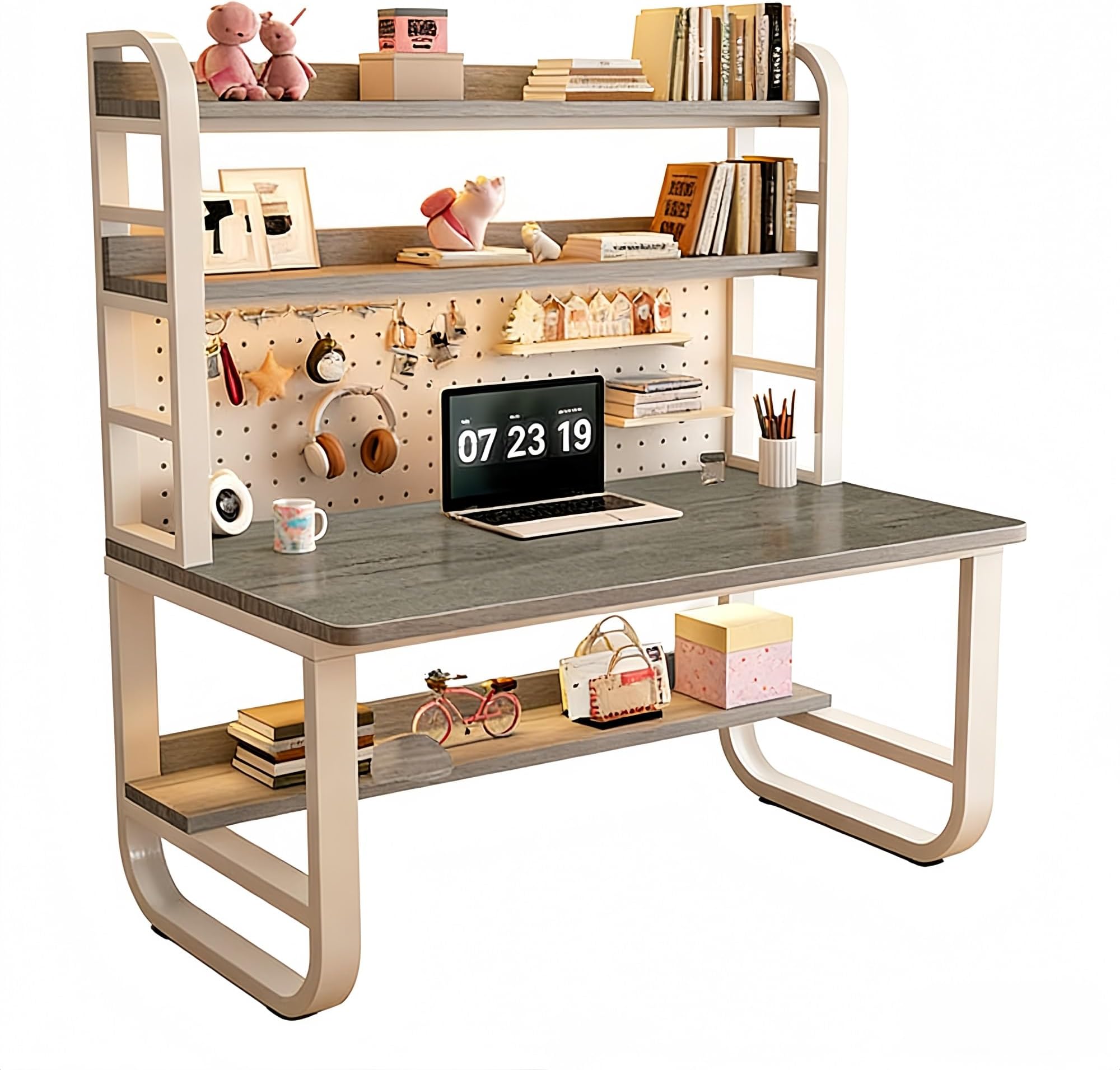 Computer Desk with Hutch and Pegboard, Study Writing Table with Storage Shelves, Home Office Workstation for Students, U-Shaped Metal Frame, 18mm Eco-board(Grey,W-FR,39.4in)