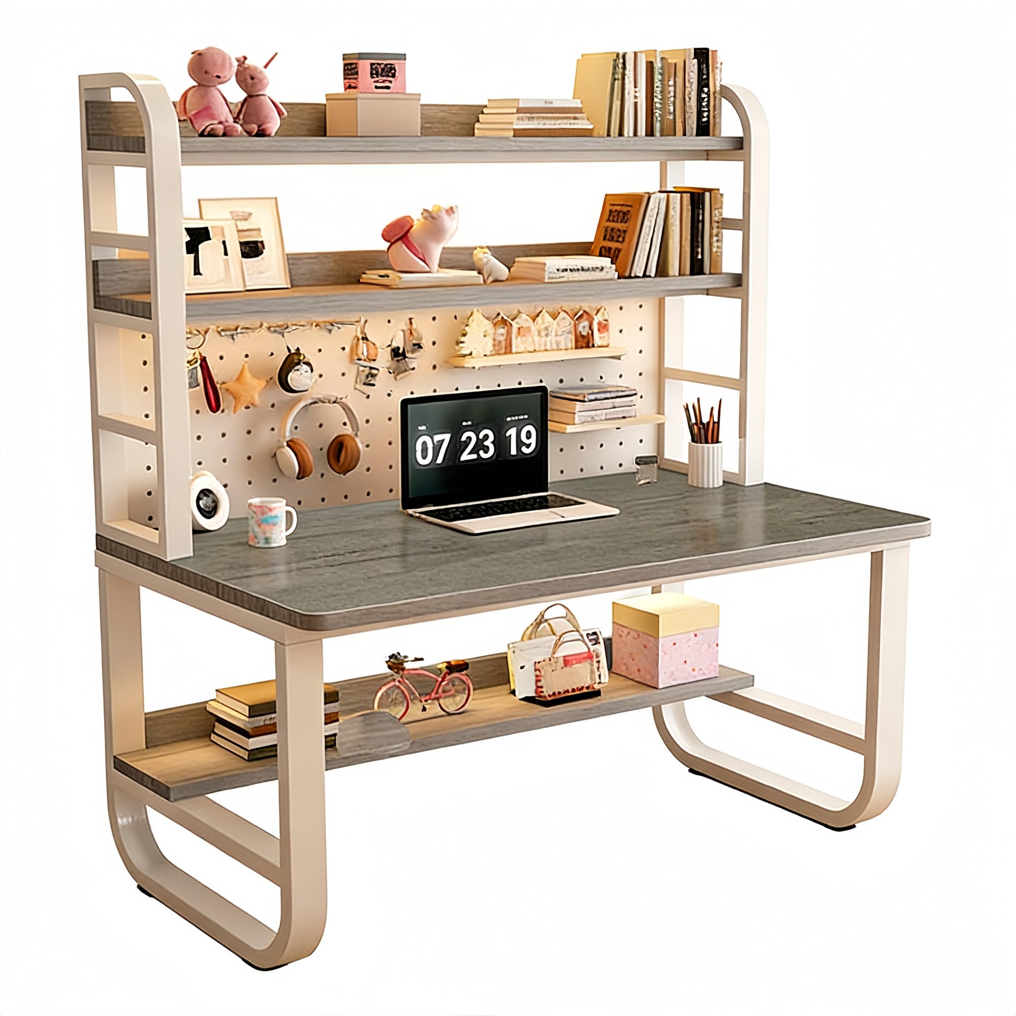 Computer Desk with Hutch and Pegboard, Study Writing Table with Storage Shelves, Home Office Workstation for Students, U-Shaped Metal Frame, 18mm Eco-board(Grey,W-FR,39.4in)