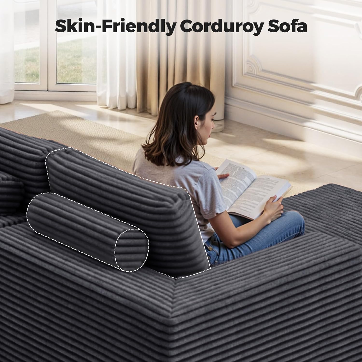 111‘’ Modular Sectional Cloud Couches with L Shaped Chaise, Upholstered Deep Seat Boneless Sofa for Living Room, Bedroom, No Assembly Required-Gray
