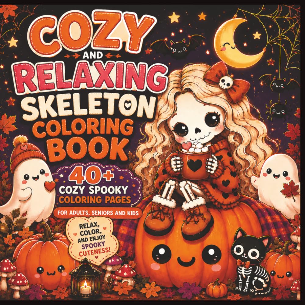 Cozy & Relaxing Skeleton Coloring Book: Cute Spooky Coloring Pages with Cozy Halloween Scenes, Bold & Easy Designs for Adults, Teens & Stress Relief
