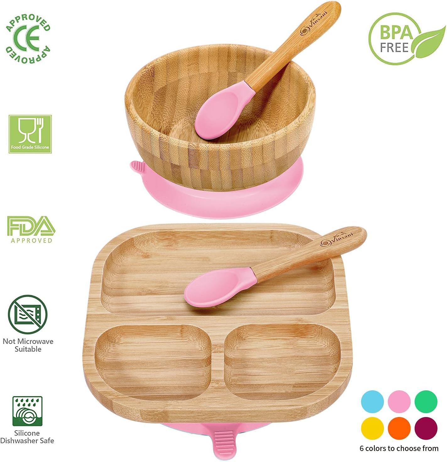 Vinsani Bamboo Bowl, Square Plate and Spoon Set for Baby/Toddler, Suction Plate, Stay-Put Design, Hypoallergenic and BPA-Free (Pink) - Image 3