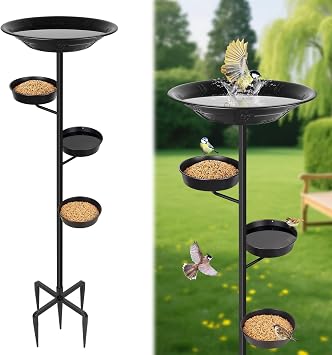 BOLITE Bird Bath for Outside, Metal Freestanding Birdbaths with Bath Bowl and Seed Bowl, Hummingbird Feeders for Outdoors Garden Patio Yard Lawn Decor, Black, Gifts for Mom Dad, Gifts for Women Men