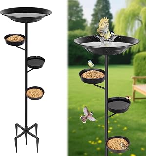 BOLITE Bird Bath for Outside, Metal Freestanding Birdbaths with Large Water Basin, Small Water Basin and Two Small Seed Bowls, Outdoors Garden Patio Yard Lawn Decor, Upgraded 5-Pronged Base, Black
