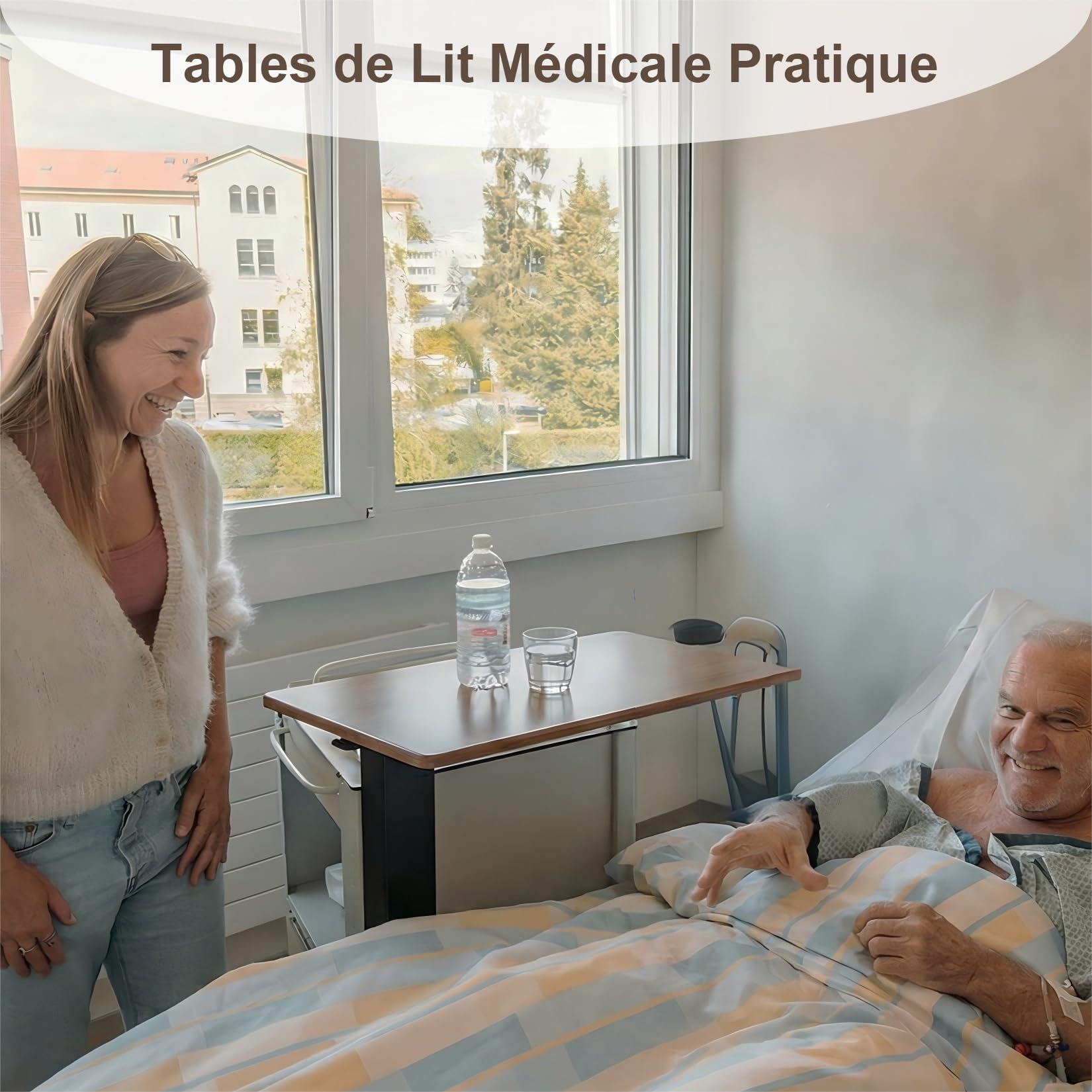 FATIVO Table de Lit à roulettes, Large Table Roulante Réglable en Hauteur de 68 à 105 cm Table pour Lit Médicalisé - Plateau 80x40cm, Vérin Pneumatique, Noir/Chêne