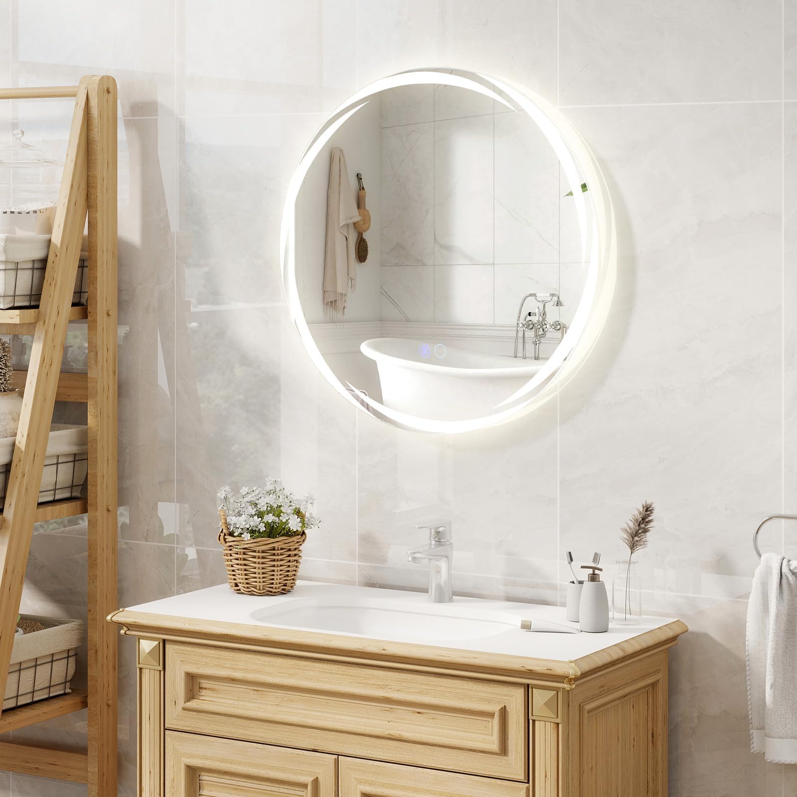 FANTASK Specchio da bagno a LED con illuminazione, 60 cm, rotondo, anti-appannamento, da parete, dimmerabile, con interruttore touch e funzione memoria, per bagno, ovale, 60 L x 60 B cm