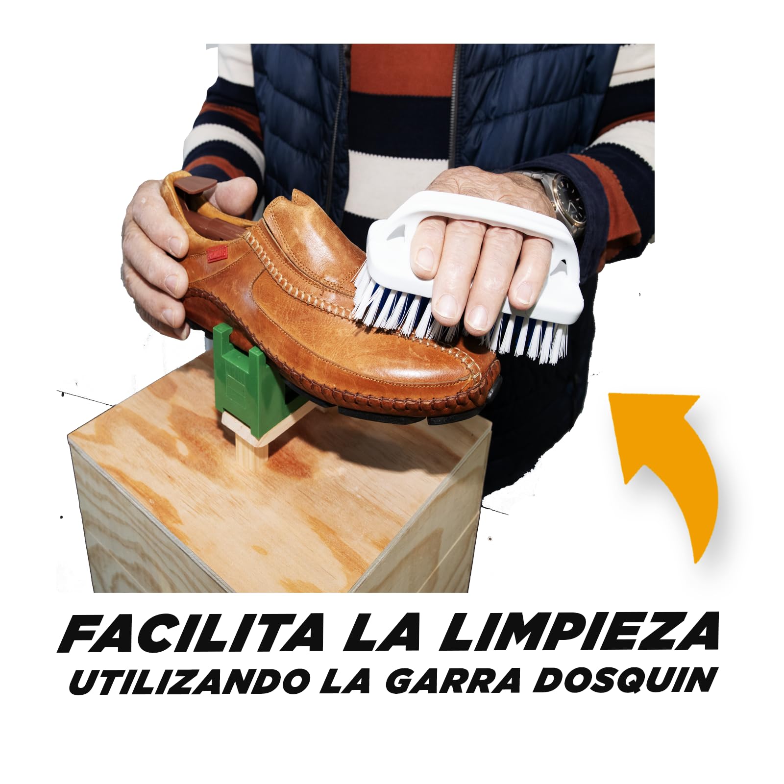 ECO BOX, Kit de limpieza de zapatillas premium, Incluye Garra Plástico de Sujección Exterior 360°, función para el Cuidado de Botas y Zapatos de Cuero, Caja de Madera ecológica