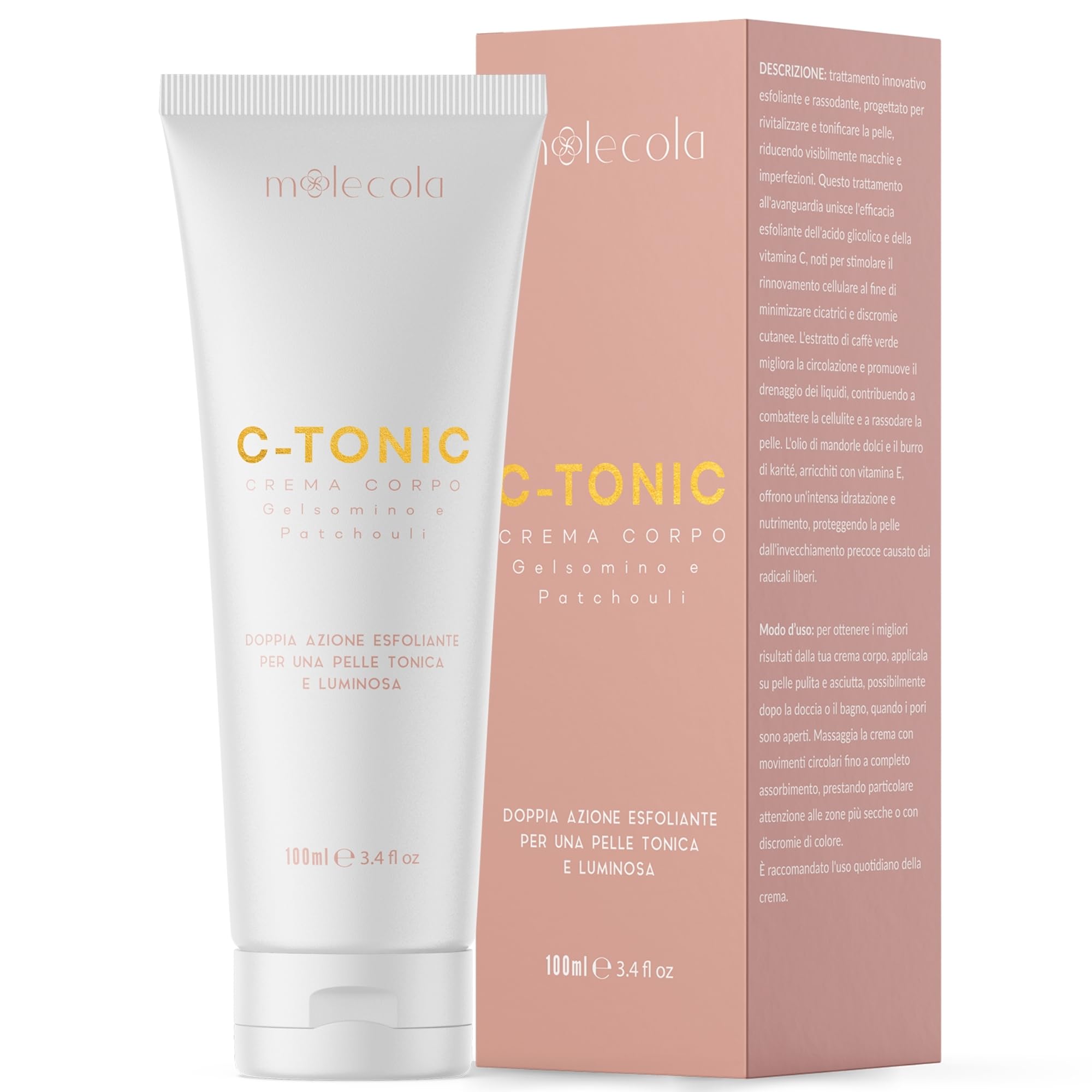C-TONIC - Crema Corpo Idratante Esfoliante con Acido Glicolico, Crema Corpo Profumata - Crema Corpo Rassodante e Tonificante con Pantenolo e Vitamina C - Moolecola (150 ml, Gelsomino e Patchouli)