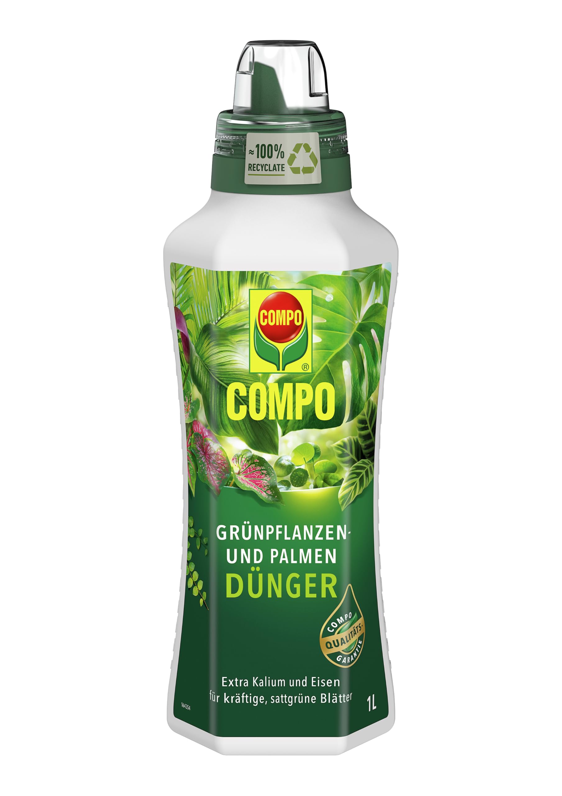 COMPO Grünpflanzen- und Palmendünger für alle Zimmer-, Balkon- und Terrassenpflanzen, Spezial-Flüssigdünger mit extra Kalium und Eisen, 1 Liter