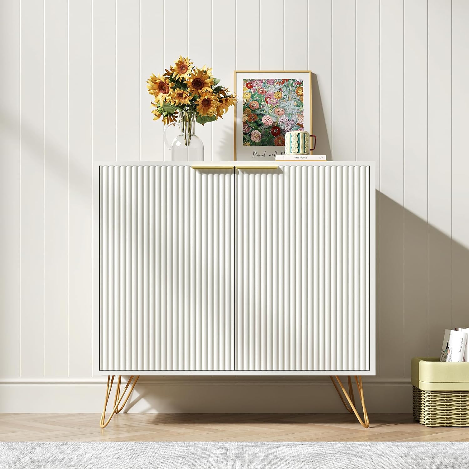 White Buffet Cabinet with Storage - Fluted White and Gold Cabinets with 2 Doors and Adjustable Shelf, Modern Accent Cabinet Console Coffee Bar Table for Kitchen, Entryway, Office