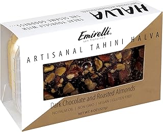Emirelli Artisanal Halva Dessert – Authentic Middle Eastern Candy Turkish Sweets – Vegan Candy 55%-Tahini Halwa - Halvah Traditional International Sweets - Dark Chocolate Roasted Almonds Flavor