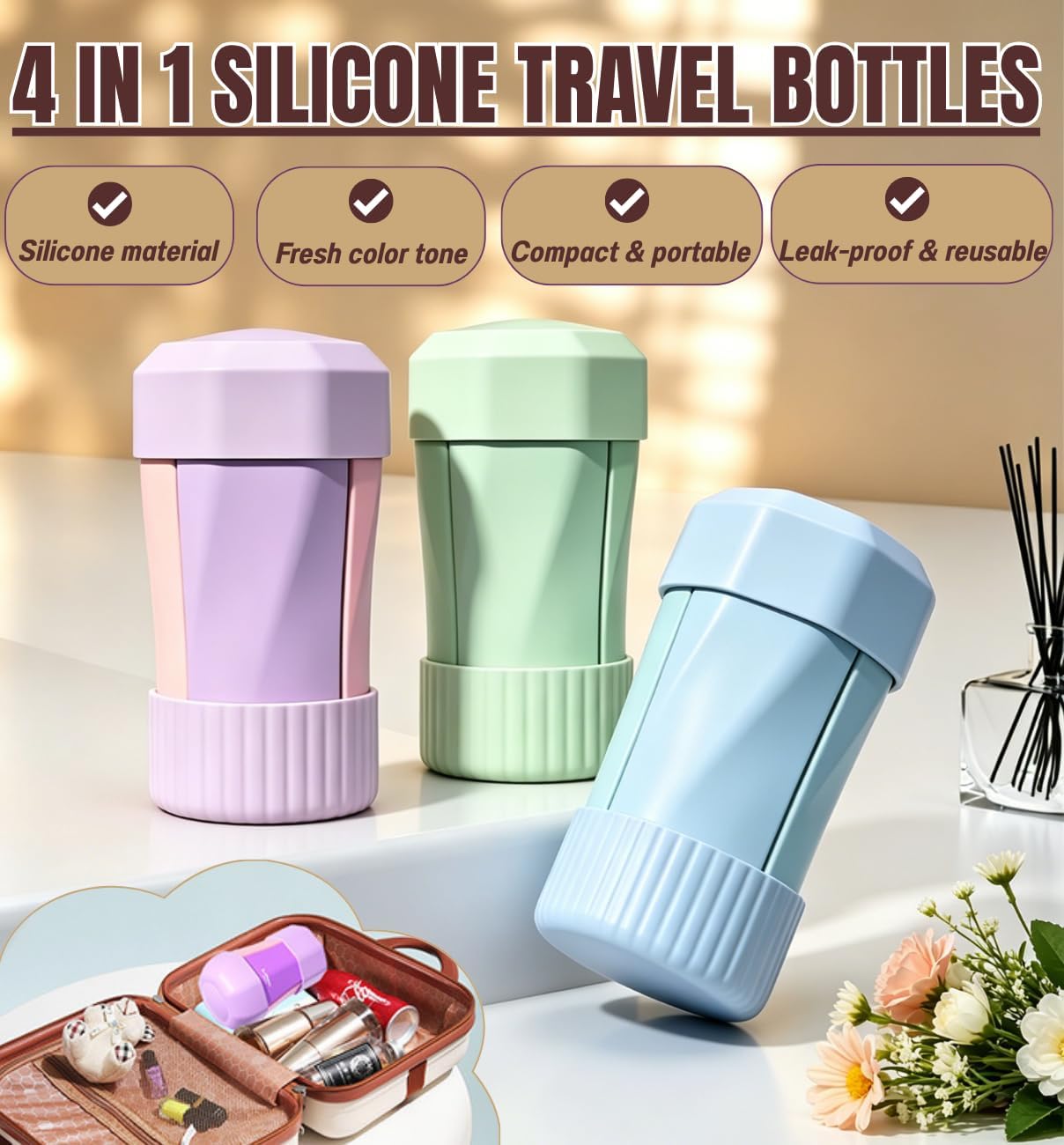 4 in 1 Silicone Travel Bottles, Leak-Proof Refillable Containers for Toiletries, Portable Dispenser Tubs for Shampoo Conditioner Lotion (Green)