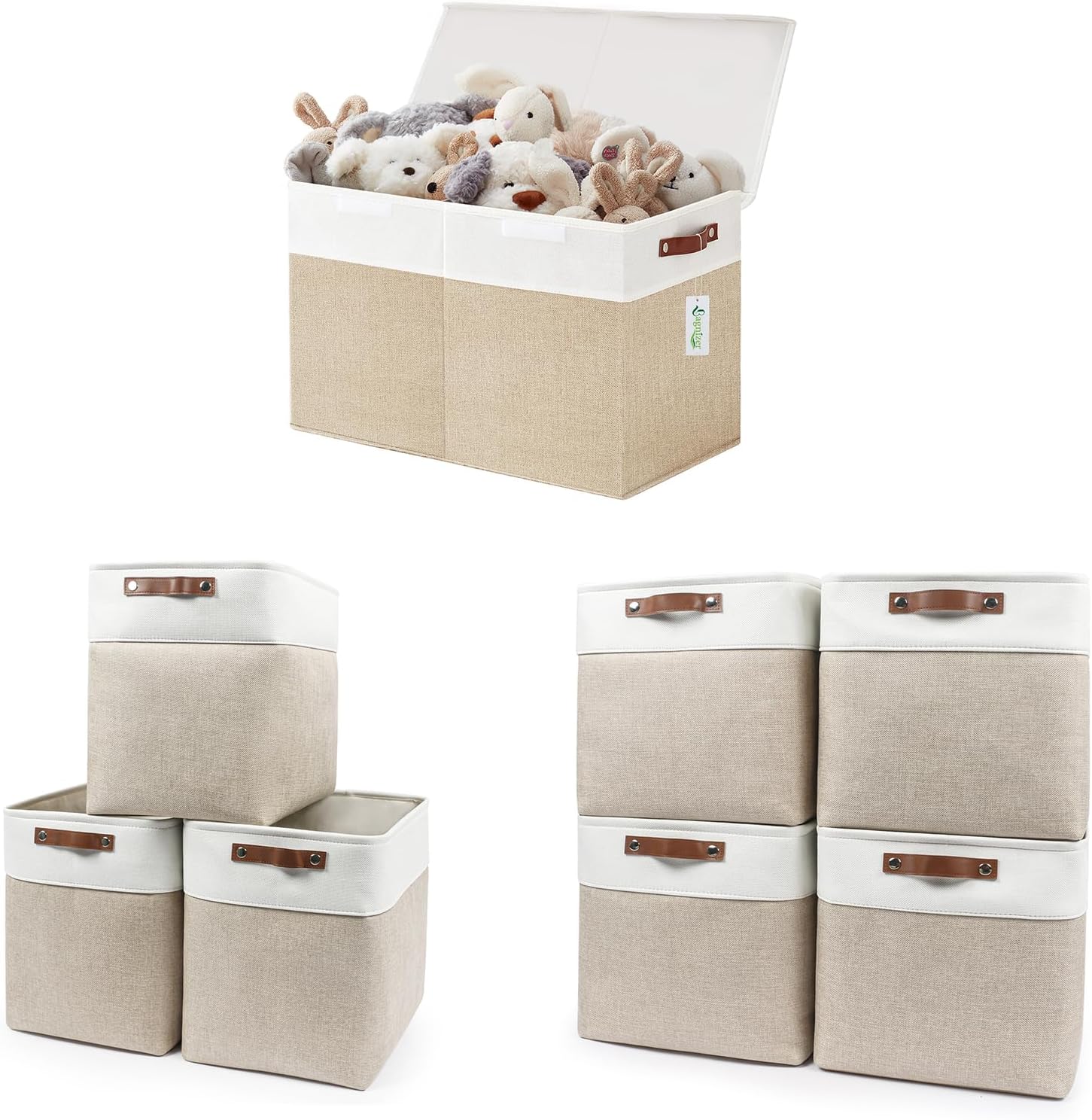 Large Toy Storage Box with Lids+Beige&White Storage Bins 17x12x15Inches +Beige&White Storage Cubes 13x13