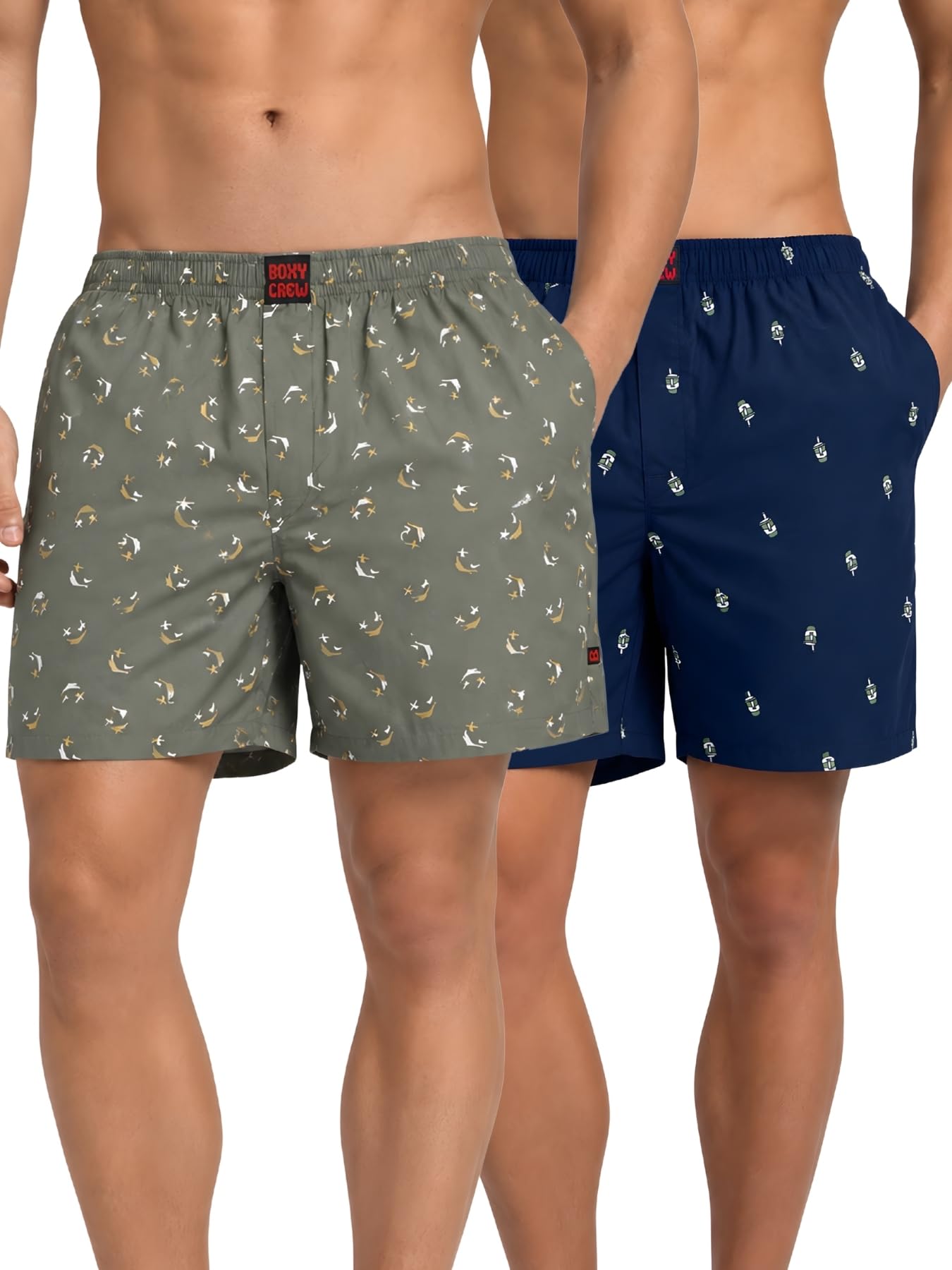 Men Boxer Shorts Pack of 2, 100% Cotton Woven Boxers, Green & Navy Blue, Printed Designs, Dual Side Pockets, No-Marks Inner Elastic Waistband, Relaxed Fit Lounge & Sleep Shorts-image-41