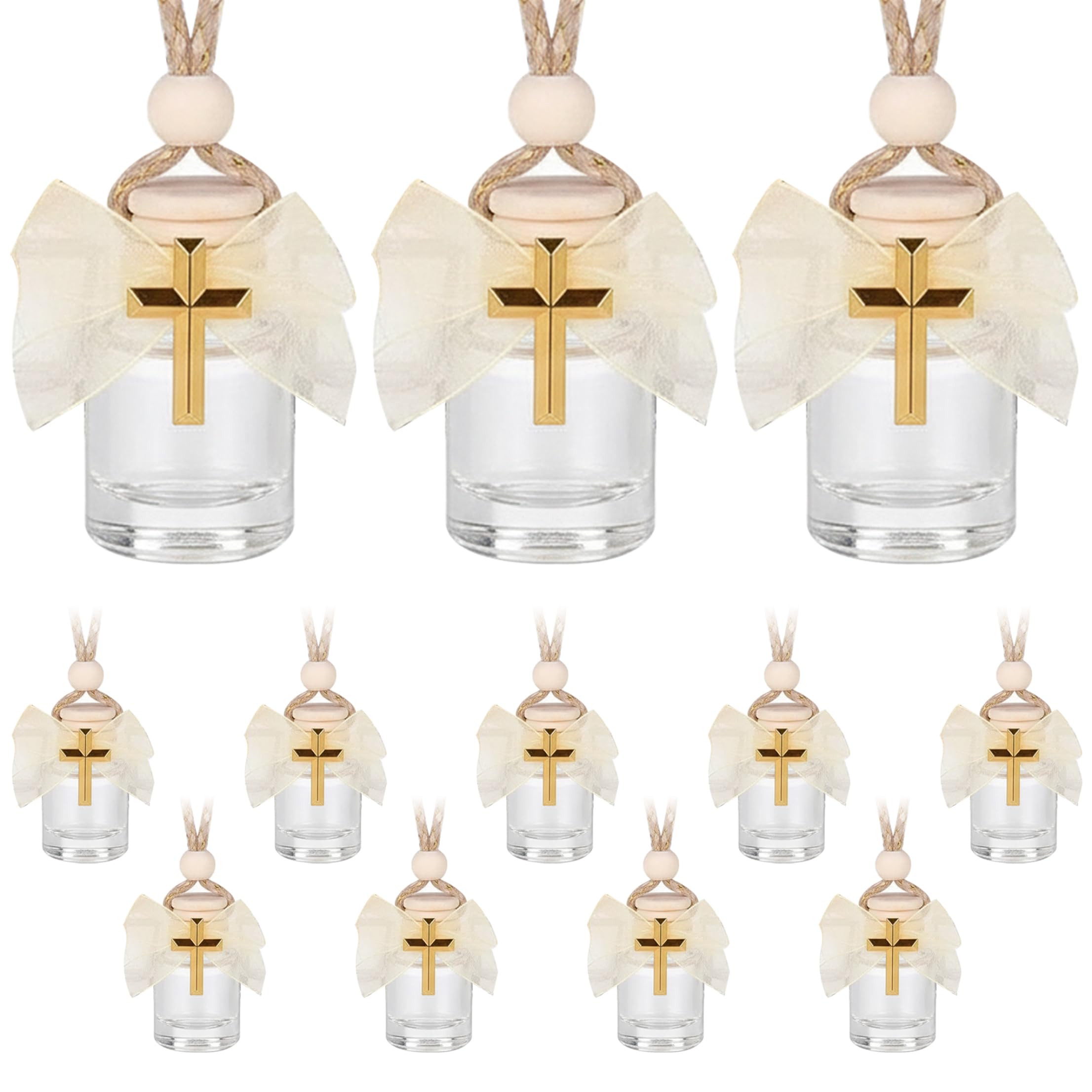 Ginwrek holy water 12 Pcs Holy Water Bottles Catholic Bulk, 8ml Mini White Glass Bottles With Wooden Stopper, Gold Cross & Ribbon For Baptism Memories