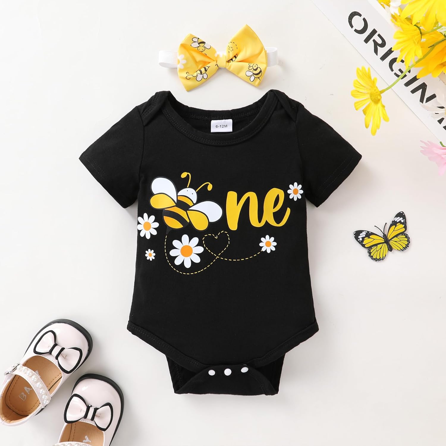HAPPYMA Baby Girls One 1st Birthday Outfit Bee Sunflower Romper Tulle Tutu Skirt Sequin Bow Party Clothes Set - Image 4