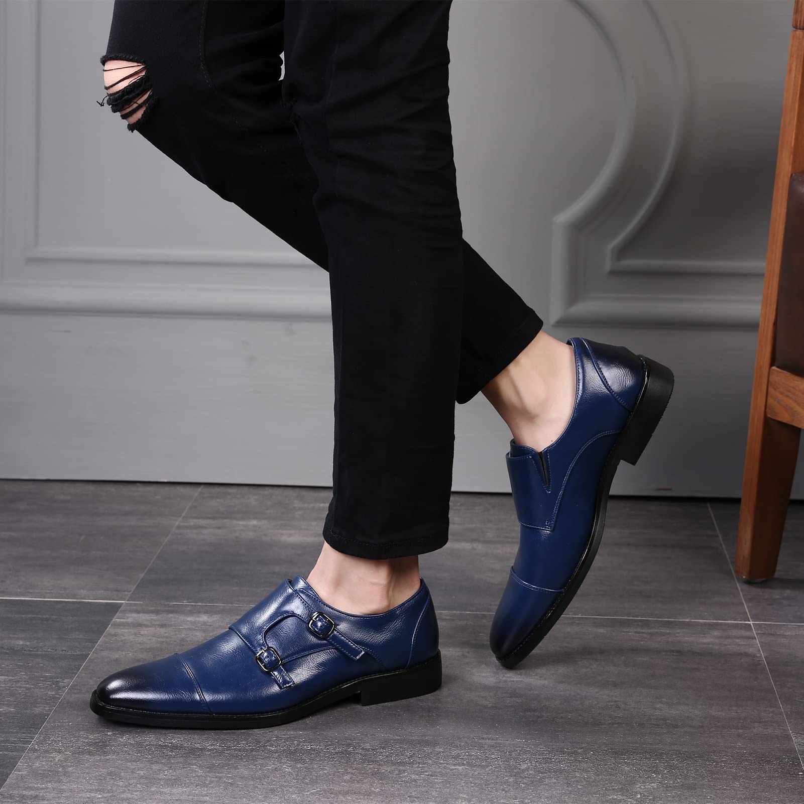 ANUFER Caballero Elegante Puntera Doble Hebilla Zapatos de Monje Imitación Cuero Formal Zapatos de Vestir