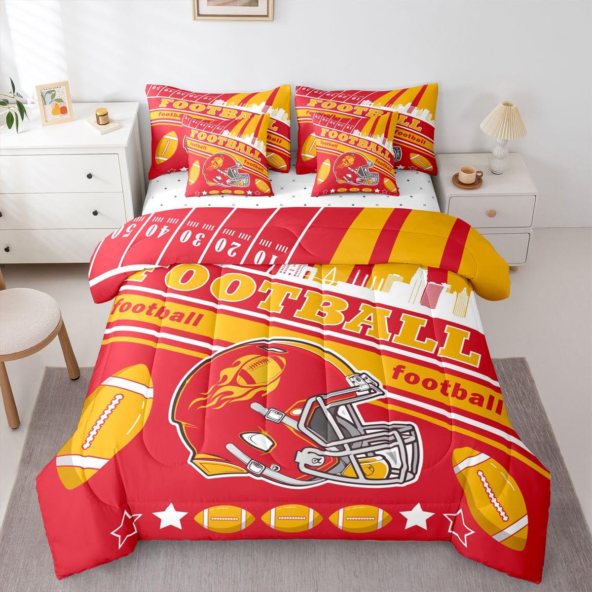 Feelyou Football 7 Pieces Comforter Sets Full Size Kids Rugby Sports Bedding Set for All Season Football City Bed in a Bag with Comforter, Sheets,
