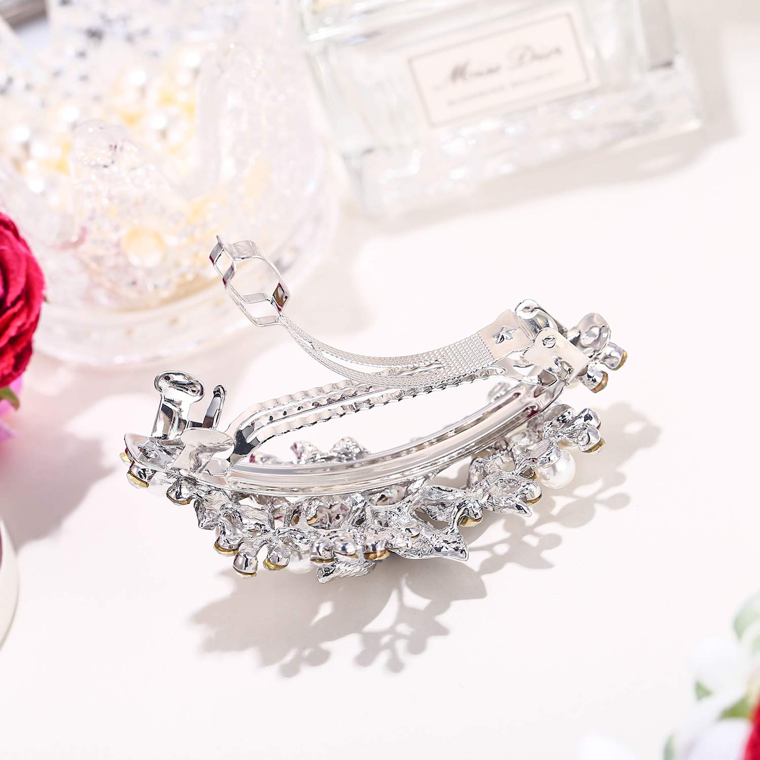 EVER FAITH Haarspange Österreichisches Kristall Braut Hibiskus Blume Blatt Creme simulierte Perle Barrette Haarschmuck