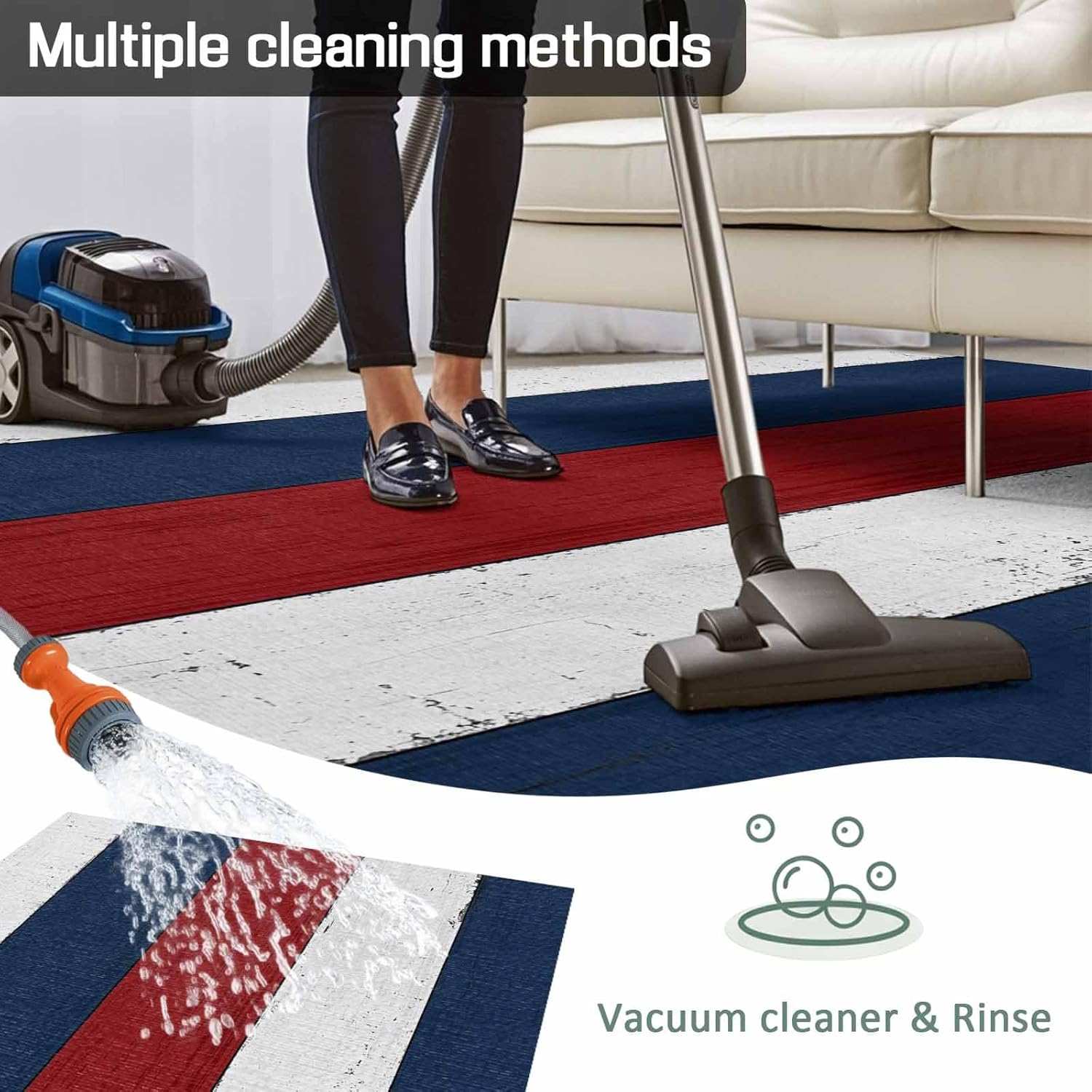 Vandarllin Outdoor Patio Rug 5x8 Ft, Red White and Blue, Machine Washable, Non-Slip, Medium Pile, Rectangular, Striped, Polyester, Farmhouse, Retro, Modern, Contemporary