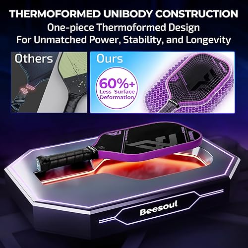 Miniatura 2 de Beesoul Pala de Pickleball, Palas de Bola de Pepinillo de Fibra de Carbono T700 Termoformadas para Máximo Giro, Potencia y Control, Núcleo de Panal