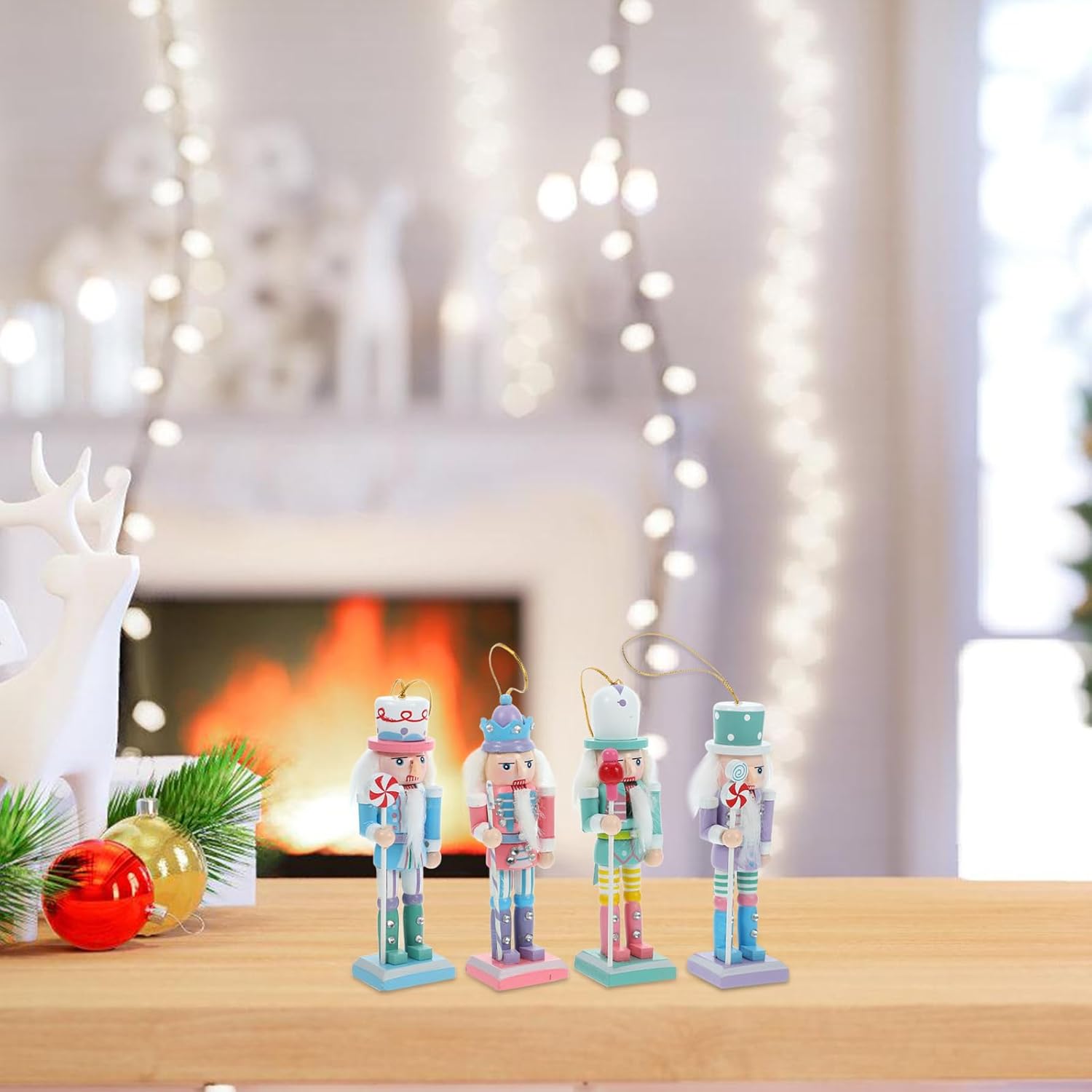 BESTOYARD Christmas Nutcracker Ornaments Set of 4 Wooden Nutcrackers Candy Wooden Soldier Figurines Pastel Puppet for Holiday Desktop and Party Tabletop Xmas Decoration