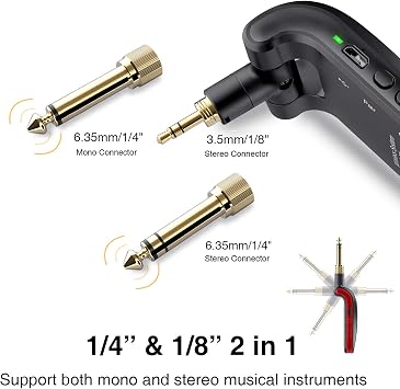 LEKATO Wireless Guitar System 2.4GHz Rechargeable Audio Wireless Transmitter Receiver 6 Channels for Guitar Bass Electric Instruments, Stereo and Mono 1/4 & 1/8 2 in 1 Plugs,Black(WS-60)