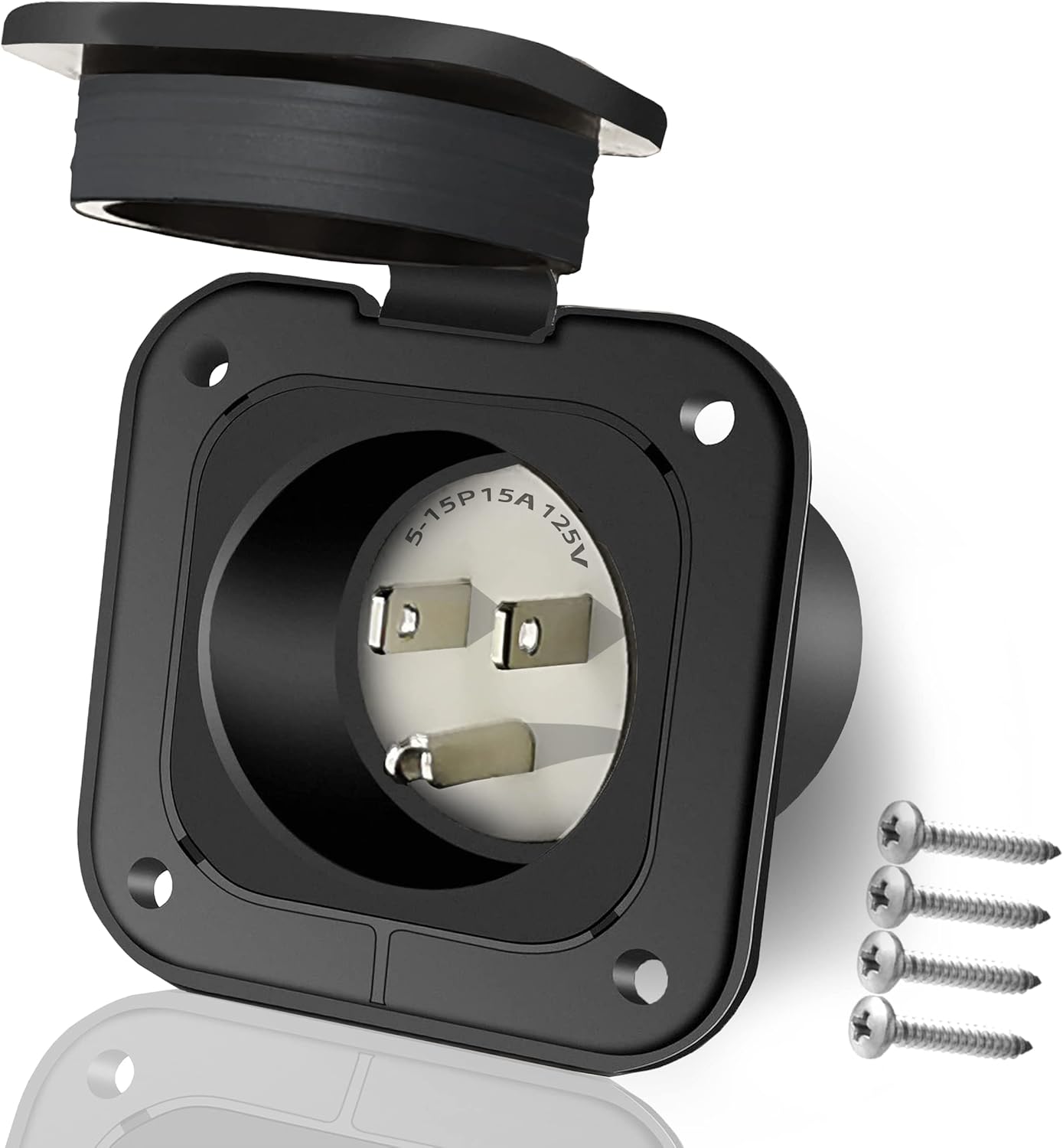 15 Amp Inlet, Shore Power Flanged Receptacle, 15A 125V Recessed Male Outlet, NEMA 5-15 AC Port Plug with Waterproof Covers, Exterior Electrical Connections for RV Trailer Shed Block Heater