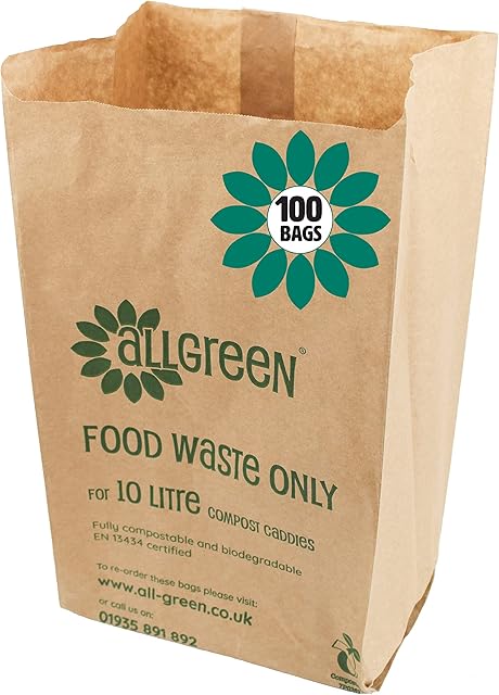 10 Litre x 100 Paper Compostable Bags Kitchen Caddy Liners - Food Waste Bin Liners - EcoSack 10L Biodegradable Bags with Composting Guide