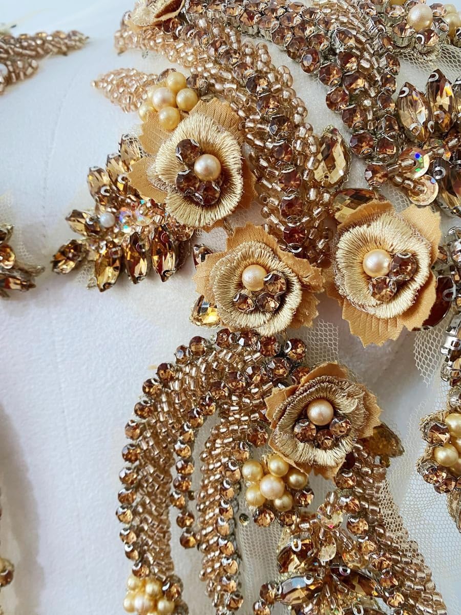 4 PCS Hand-Made Beaded Rhinestons DIY Clothing Appliques Patch Wedding Dress Decoration Three-Dimensional Flower Applique 2 Pairs (Champagne)