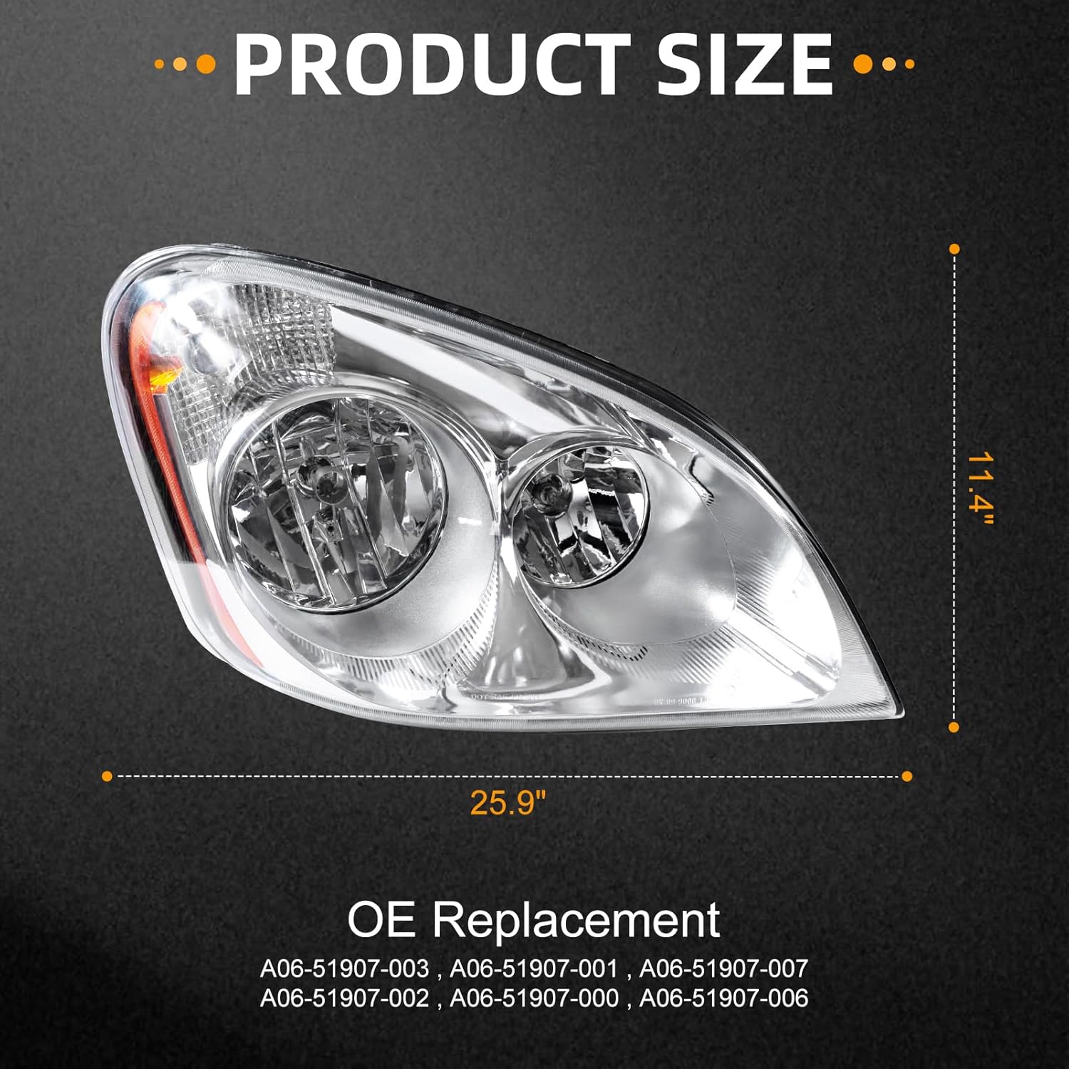 Headlights Fit For 2008-2017 Freightliner Cascadia Chrome Housing And Amber Reflector Headlamps (Left Driver Side)