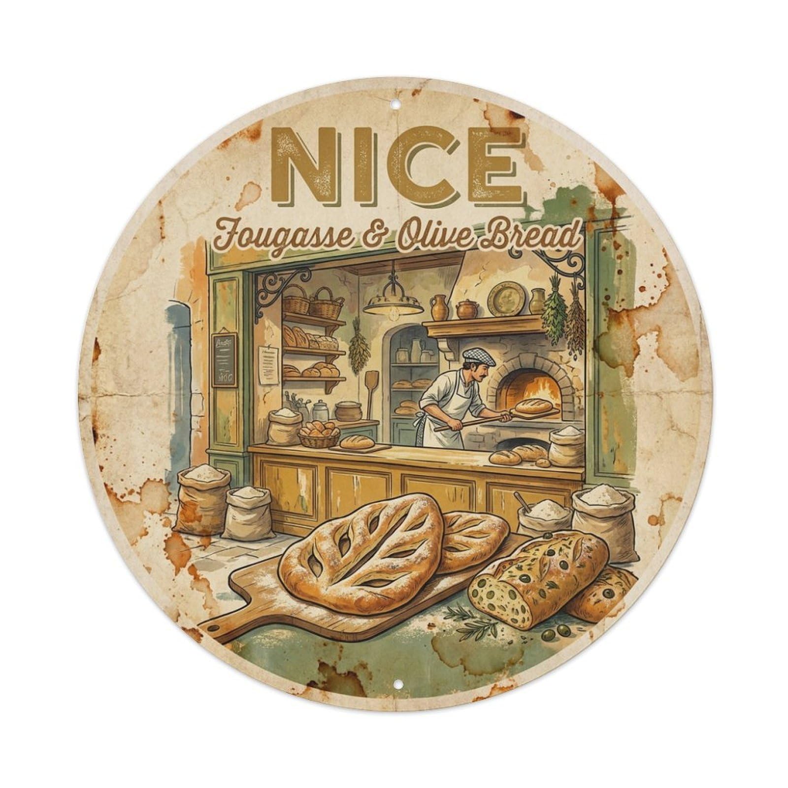 Olhnbad Style Fougasse Olive Bread Cuisine Culture Nice Travel Metal Tin Sign