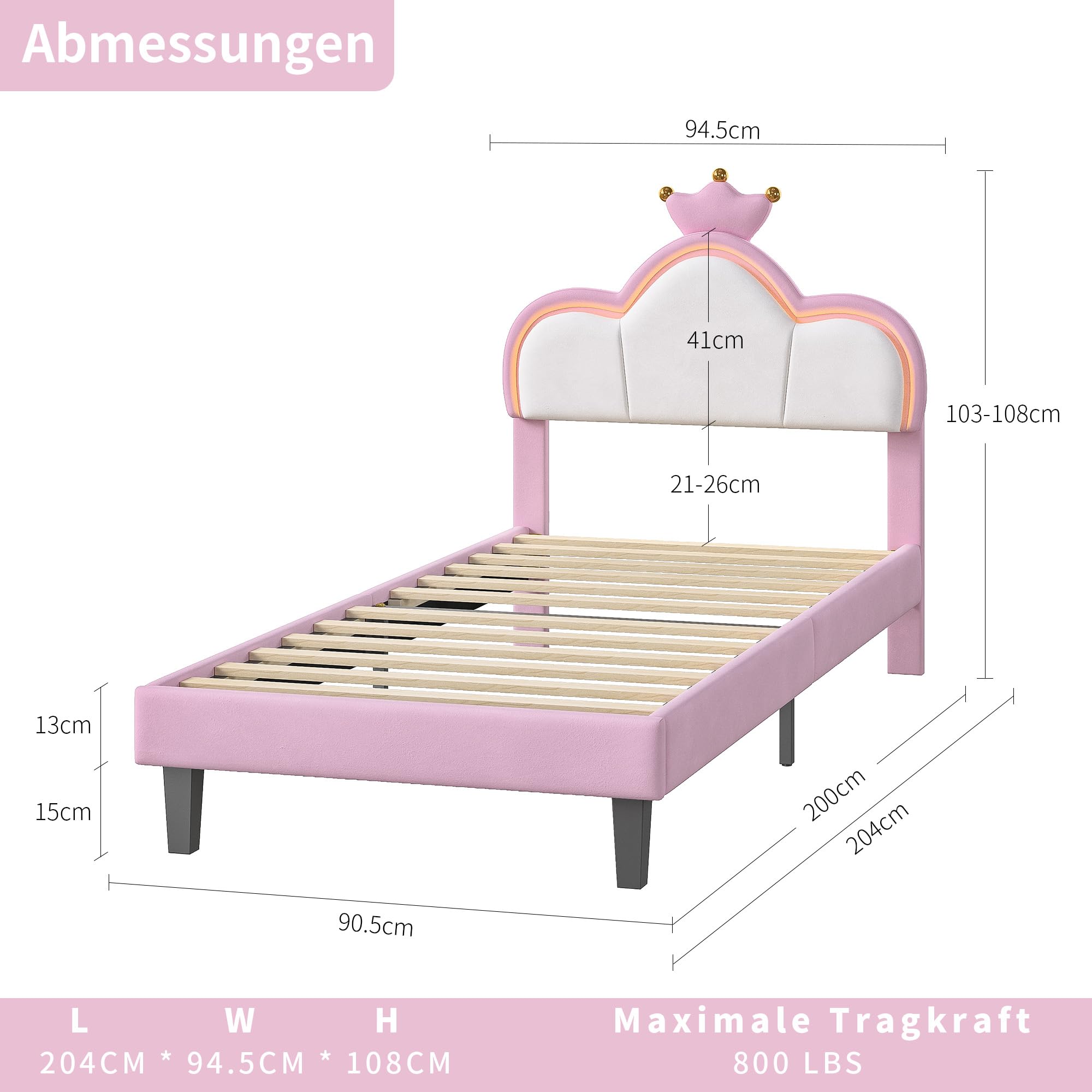 Letto singolo imbottito 90x200 cm per bambini, letto per bambine con illuminazione a LED e controllo tramite app, letto per bambini dal design a corona, testiera regolabile in altezza
