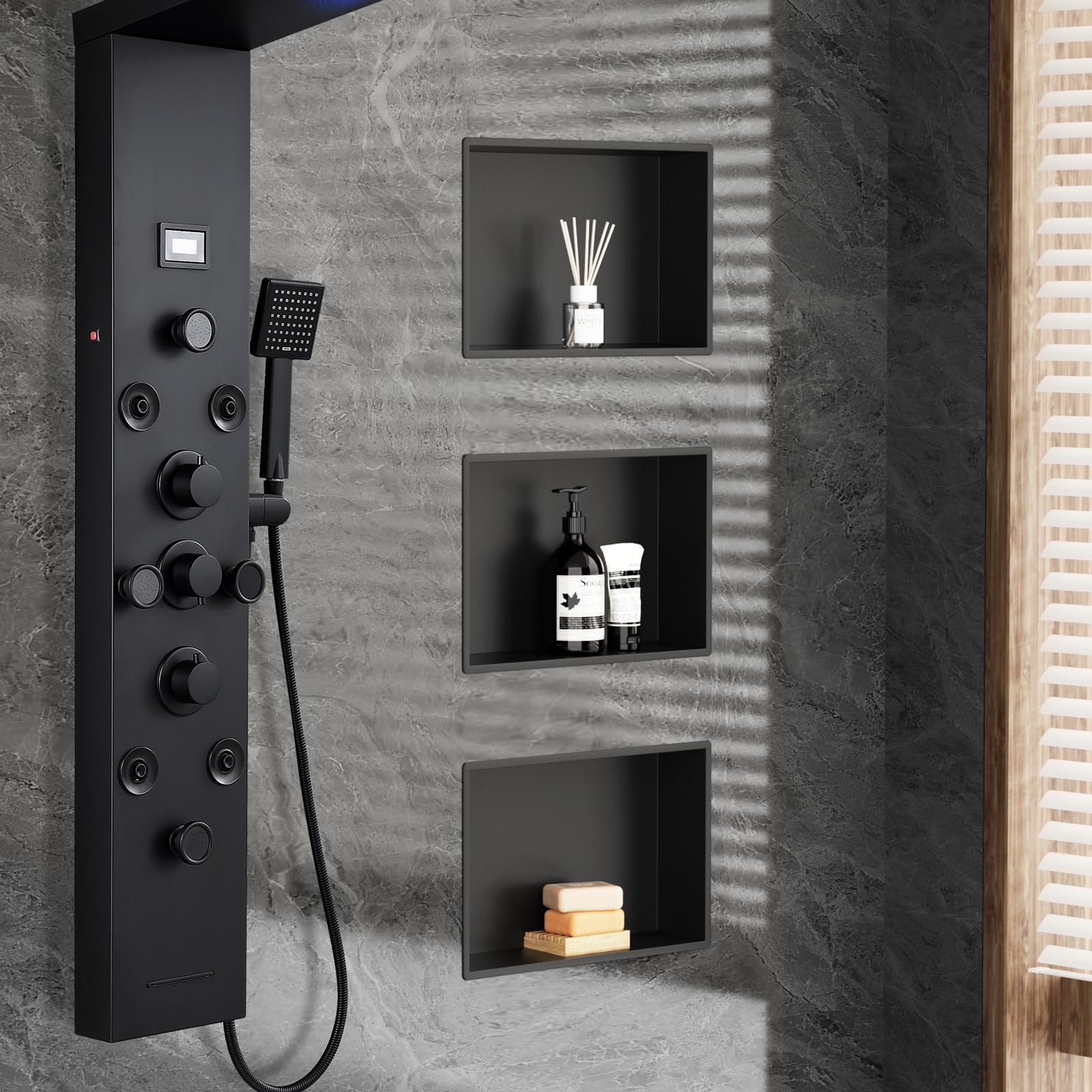 Nicchia doccia in acciaio inox, 40 x 25 x 10 cm, senza piastrelle, mensola da incasso per ambienti umidi, bagno a doppia nicchia in acciaio inox per doccia essenziali, finitura nera opaca