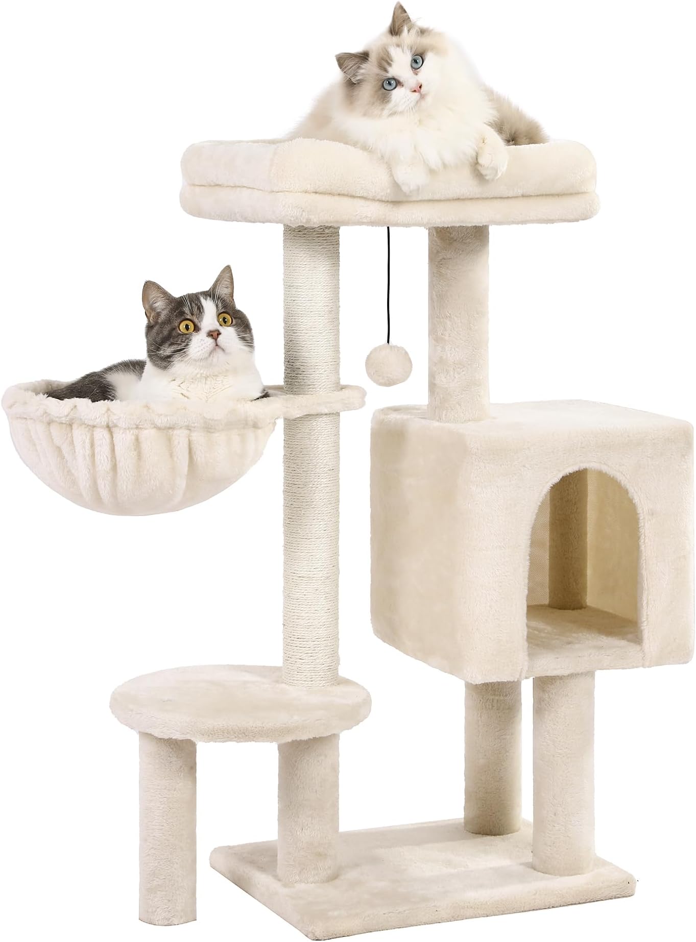 Small Cat Tree Beige Cat Tower with 32 Inches Scratching Post with Cats Condo House, Cozy Hammock and Removable Top Bed and Dangling Ball for Indoor Cats-34” Beige