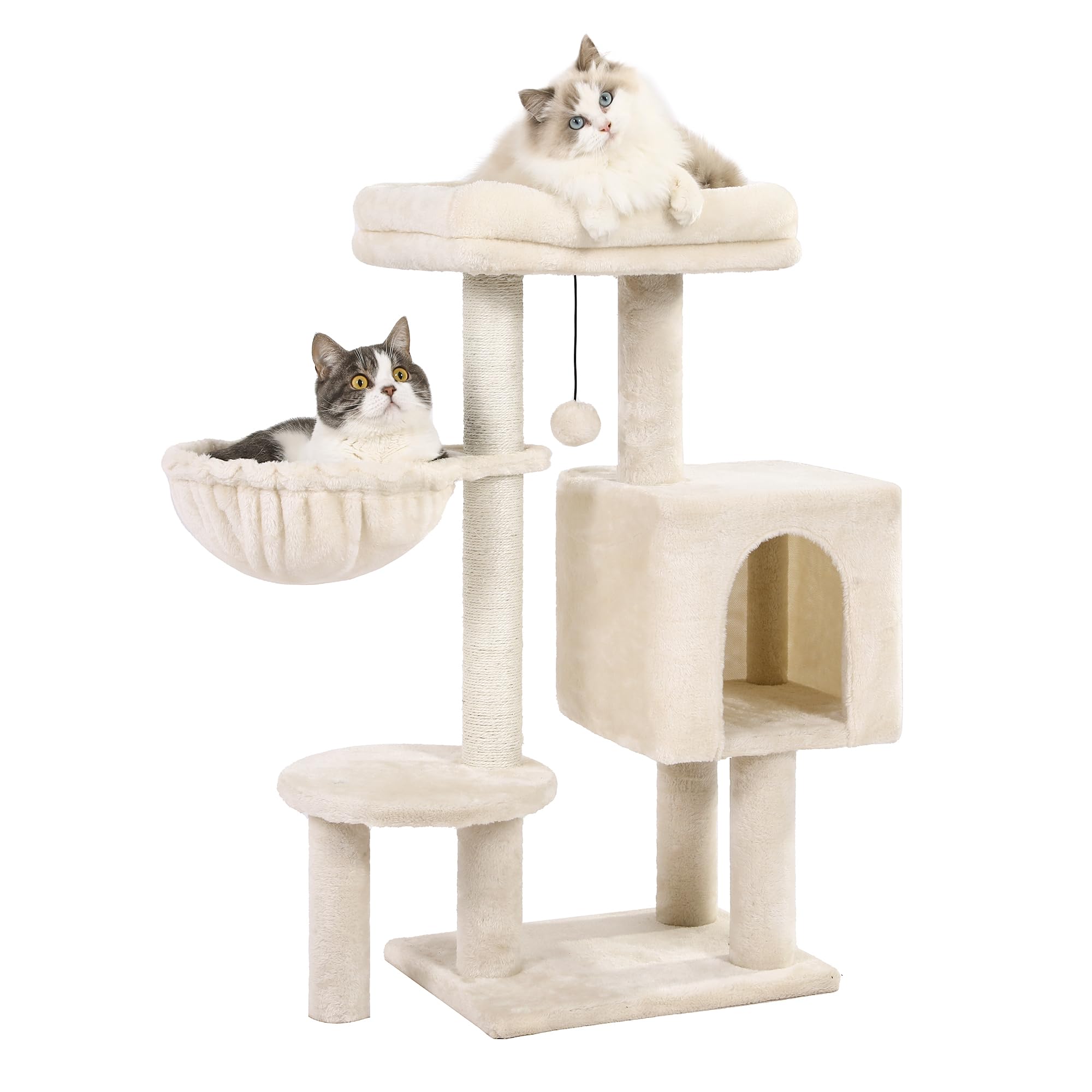 Small Cat Tree Beige Cat Tower with 32 Inches Scratching Post with Cats Condo House, Cozy Hammock and Removable Top Bed and Dangling Ball for Indoor Cats-34” Beige