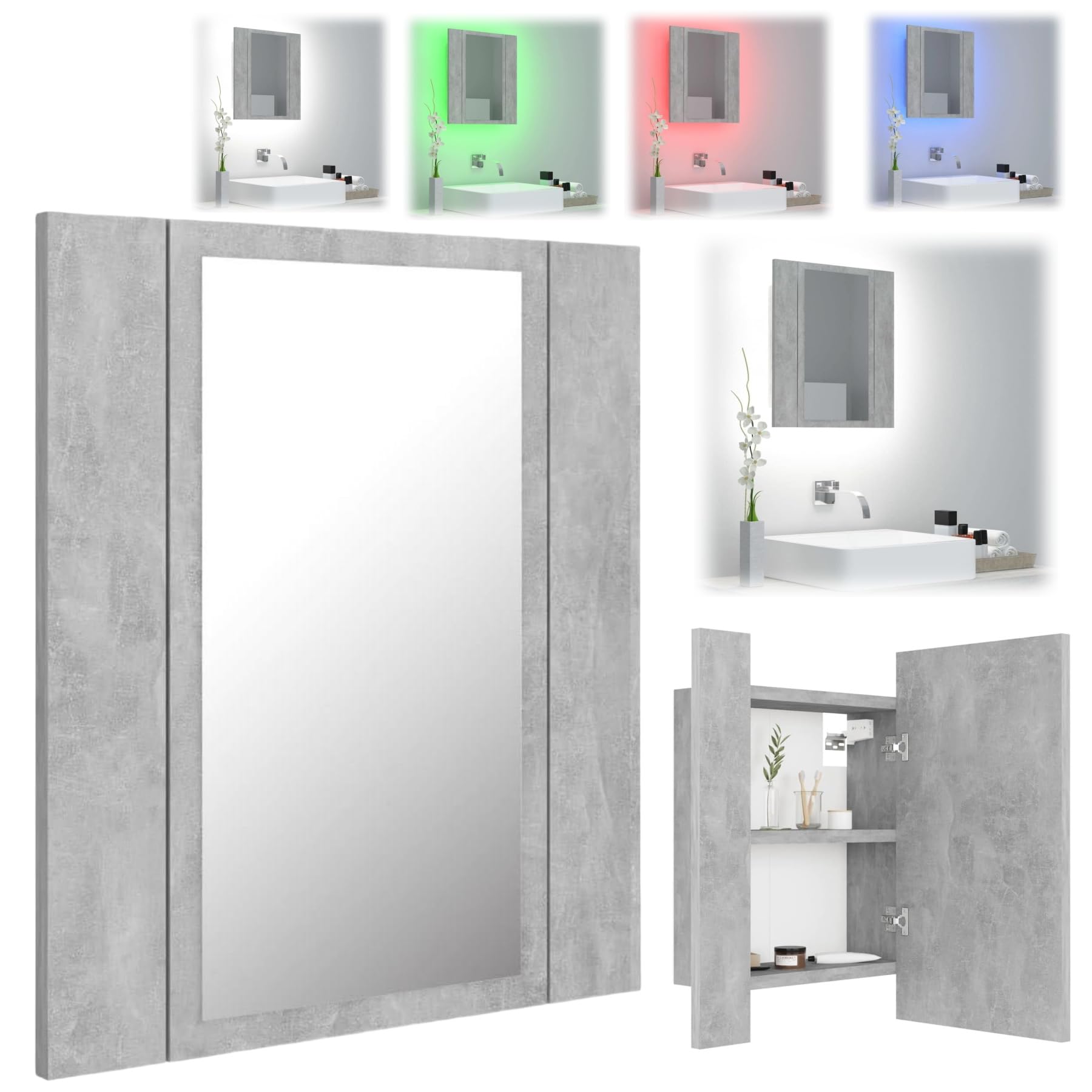 Armario de Baño con Espejo y Luz, Mueble de Baño con Espejo, 40 x 12 x 45 cm, Mueble de Pared para Baño con Dos Estantes Internos, Armario con Espejo para Baño de Acrílico, Color Gris, 804952