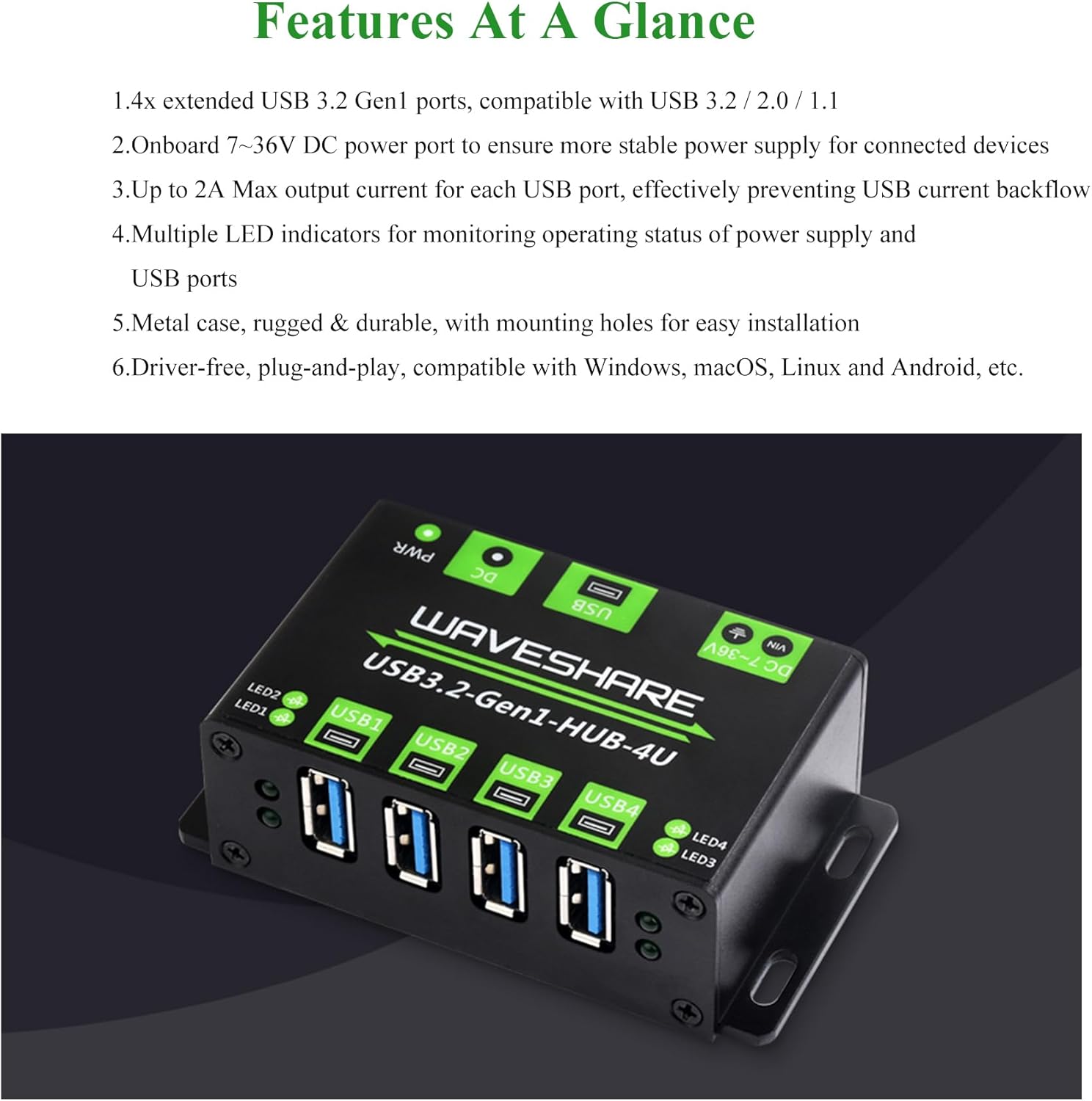 4-CH USB 3.2 Gen1 HUB, 4X Extended USB 3.2 Gen1 Ports, USB 3.2 Gen1 5Gbps Ultra-Fast Transmission,Compatible with Windows/Linux/Android Systems, No Driver Required, Plug-and-Play, with Metal Case