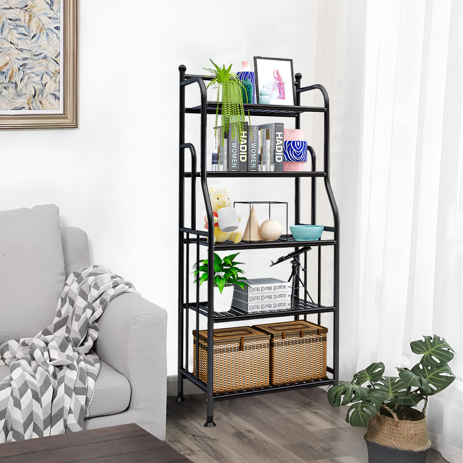 Support Plantes Intérieur, Pot de Fleur Étagère de Rangement avec 10 Crochetsde en Métal à 5 Niveaux, Fer Organisateur de Maison pour l'Extérieure, le Salon de Balcon de Jardin, Noir