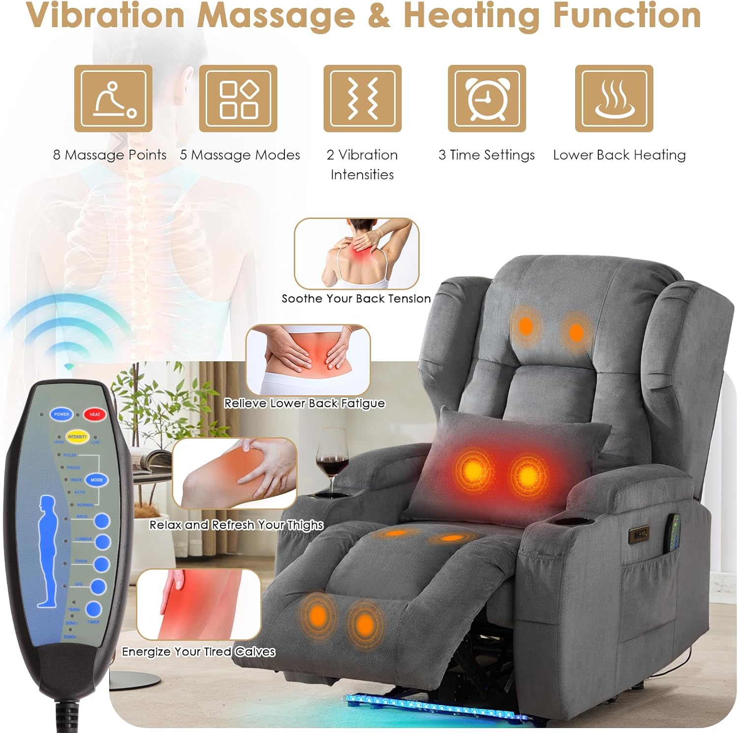 SAMERY Power Recliner Chair, Electric Wall Hugger Recliners with Massage & Heat, Comfy Reclining Sleeper Chair Movie Sofa Home Theater Seat with Cup Holders/USB Port/LED Light/Lumbar Pillow/Remote