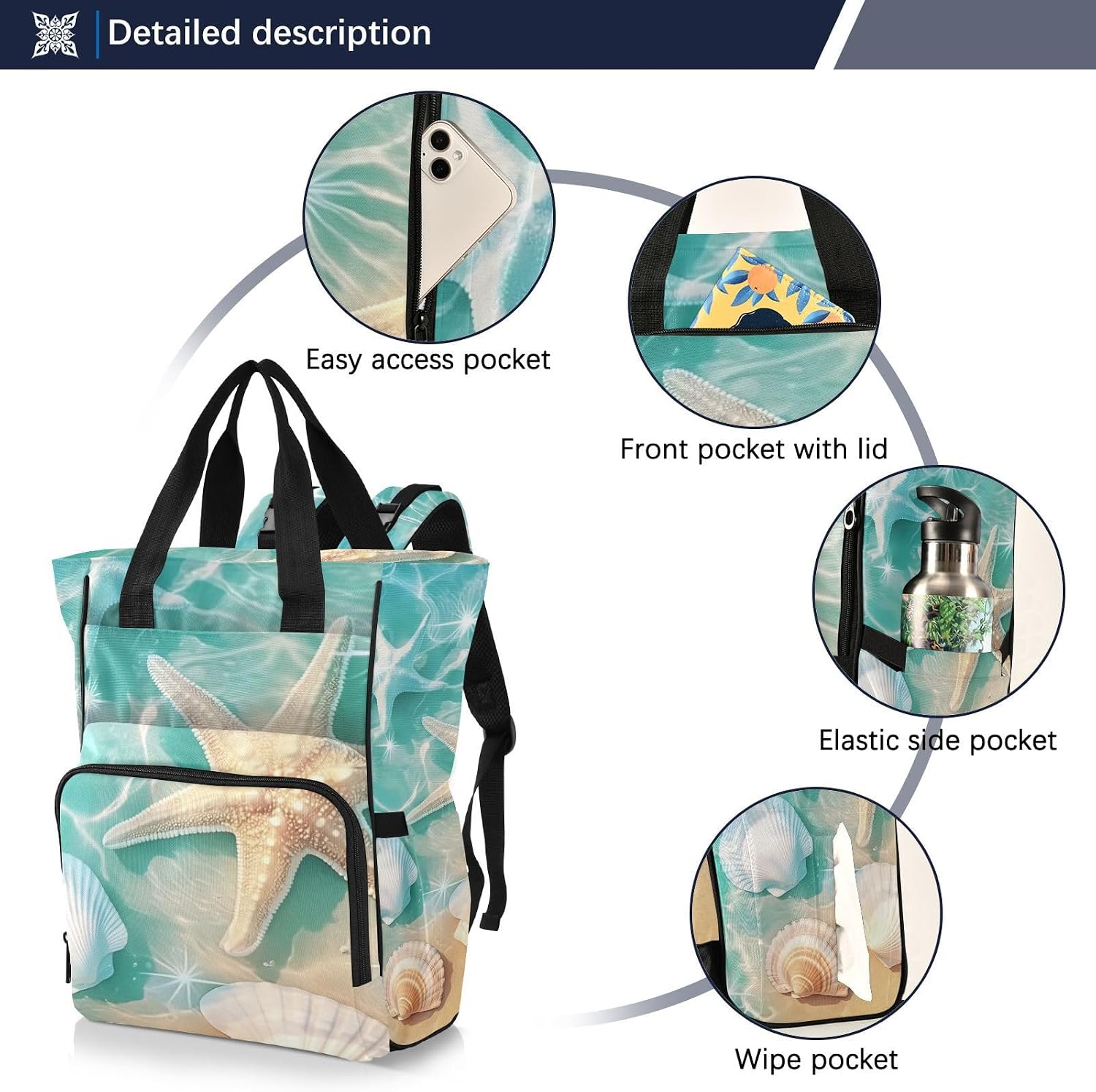 Diaper Bag Backpack Beach Starfish Seashells Travel Diaper Bags for Women, 10L Functional Baby Changing Bag with Insulted Pockets, Stroller Straps