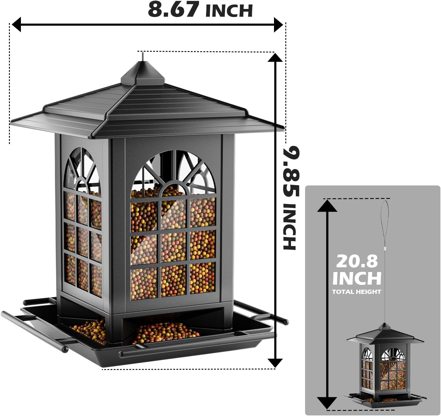 Birdream 2 Pack Bird Feeders for Outdoor Hanging, Assembly Required, 1-Min Easy Setup, Classic Courtyard Design, Attracting Cardinals Chickadees Goldfinches & Sparrows, Total 7 LB - Black