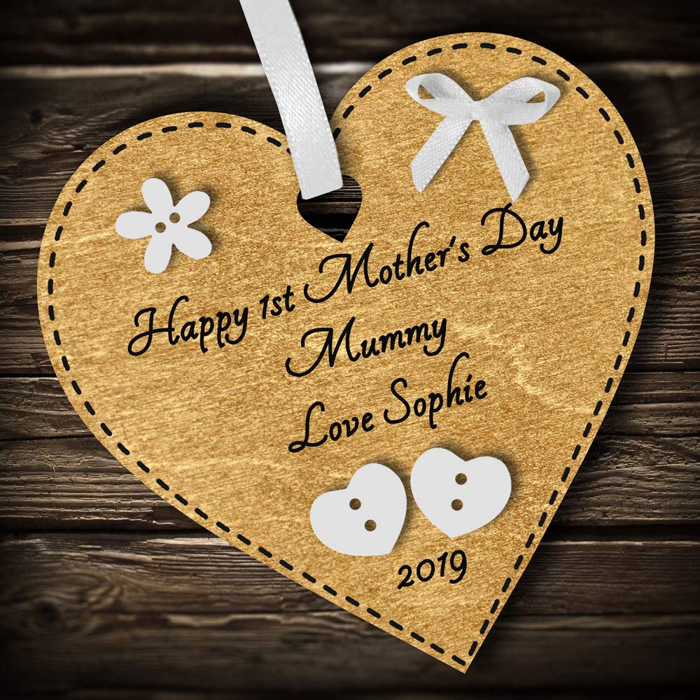 Multi-Colour Personalised Happy 1st First Mothers Day present gift for mummy grandma wooden heart hanging plaque keepsake (Gold #1)