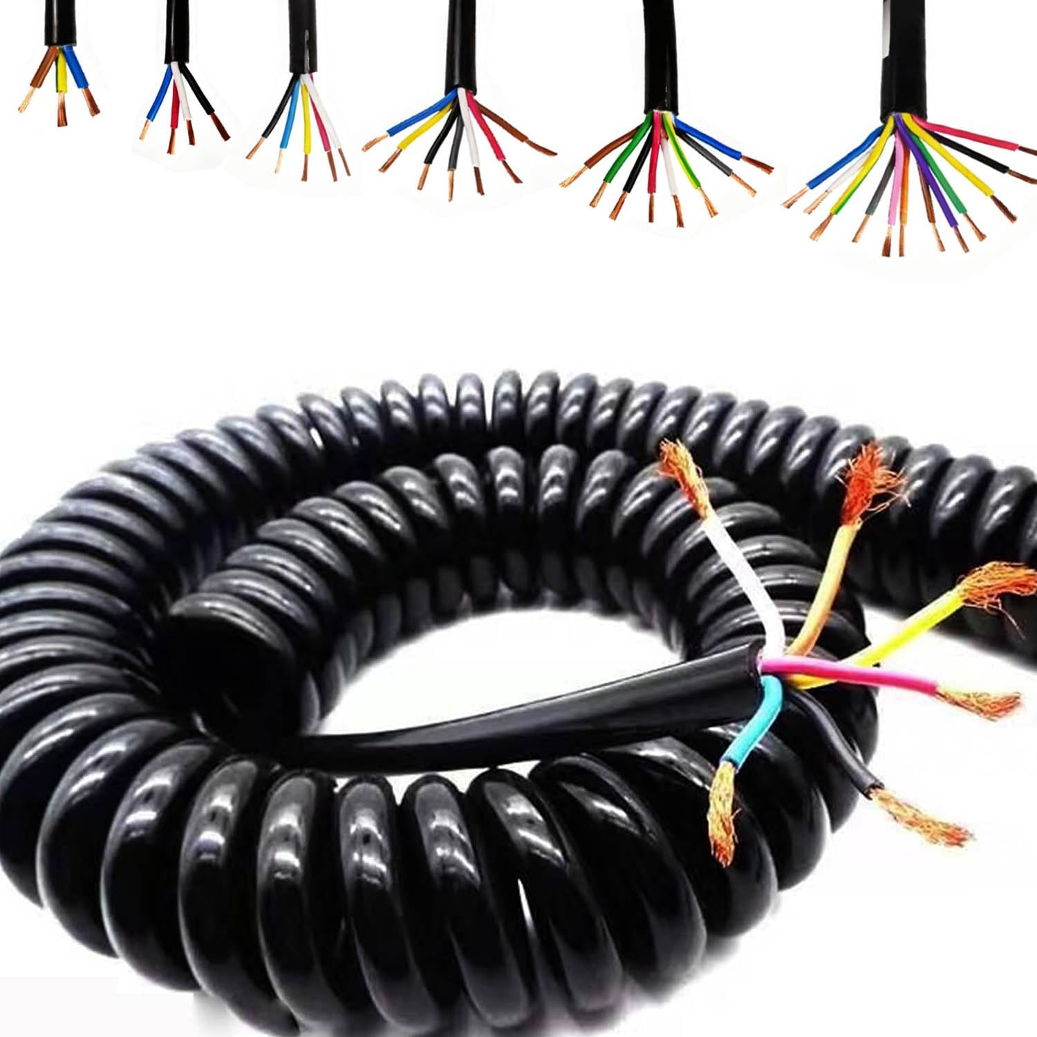 Przedłużacz Spiralny Zwijany, 2 3 4 5 6 7 8 9 10, 12-żyłowy, Spiralny Przewód Elektryczny, 0,2 Mm² 0,3 Mm² 0,5 Mm² 0,75 Mm² 1 Mm² 1,5 Mm² 2,5 Mm², Czarny, 1 M/3,28 Stopy(6 Core,1.5mm²-3.28ft)