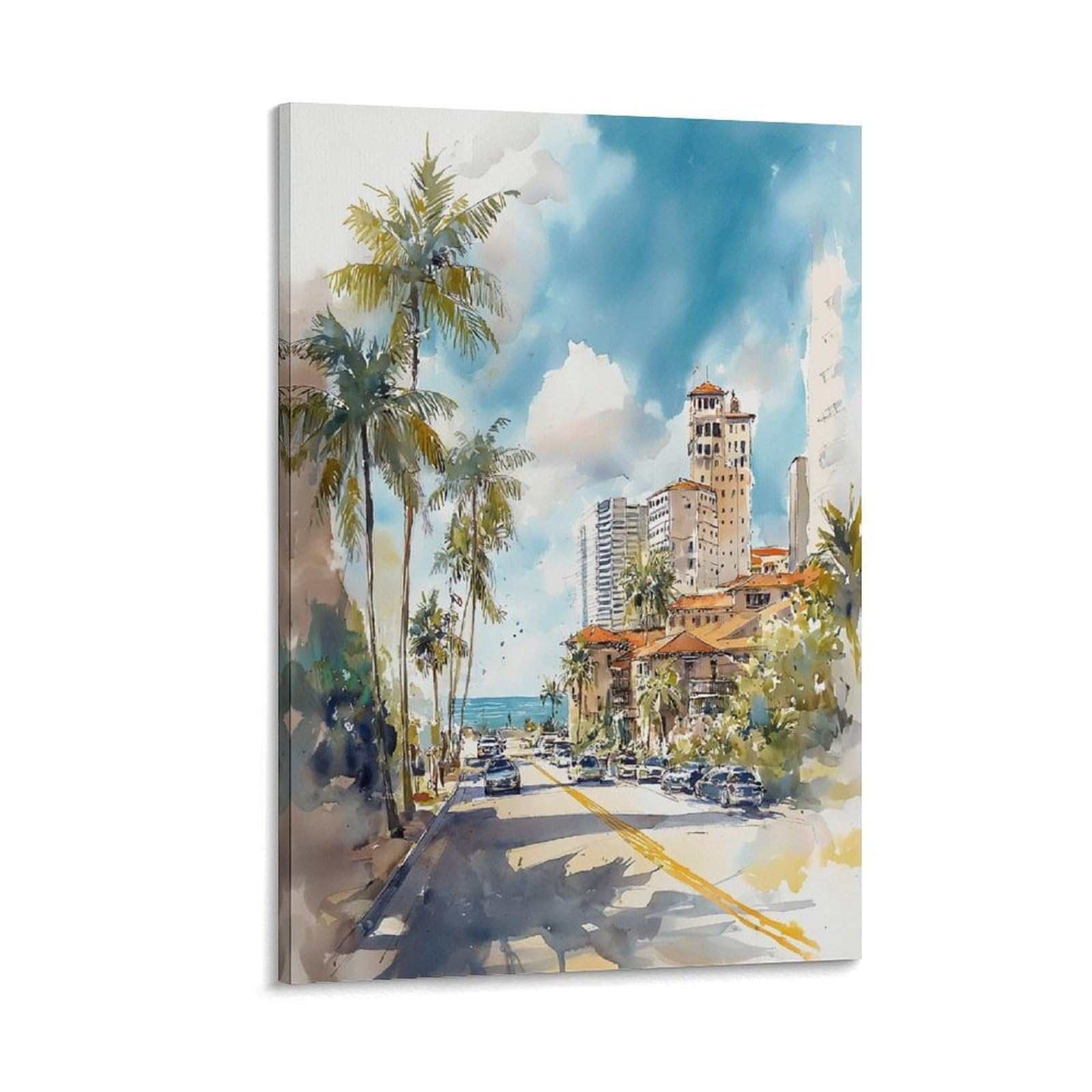 XWYMXZ Miami Beach Traditional 20x30inch(50x75cm) Vintage Travel Poster Watercolor Canvas Art