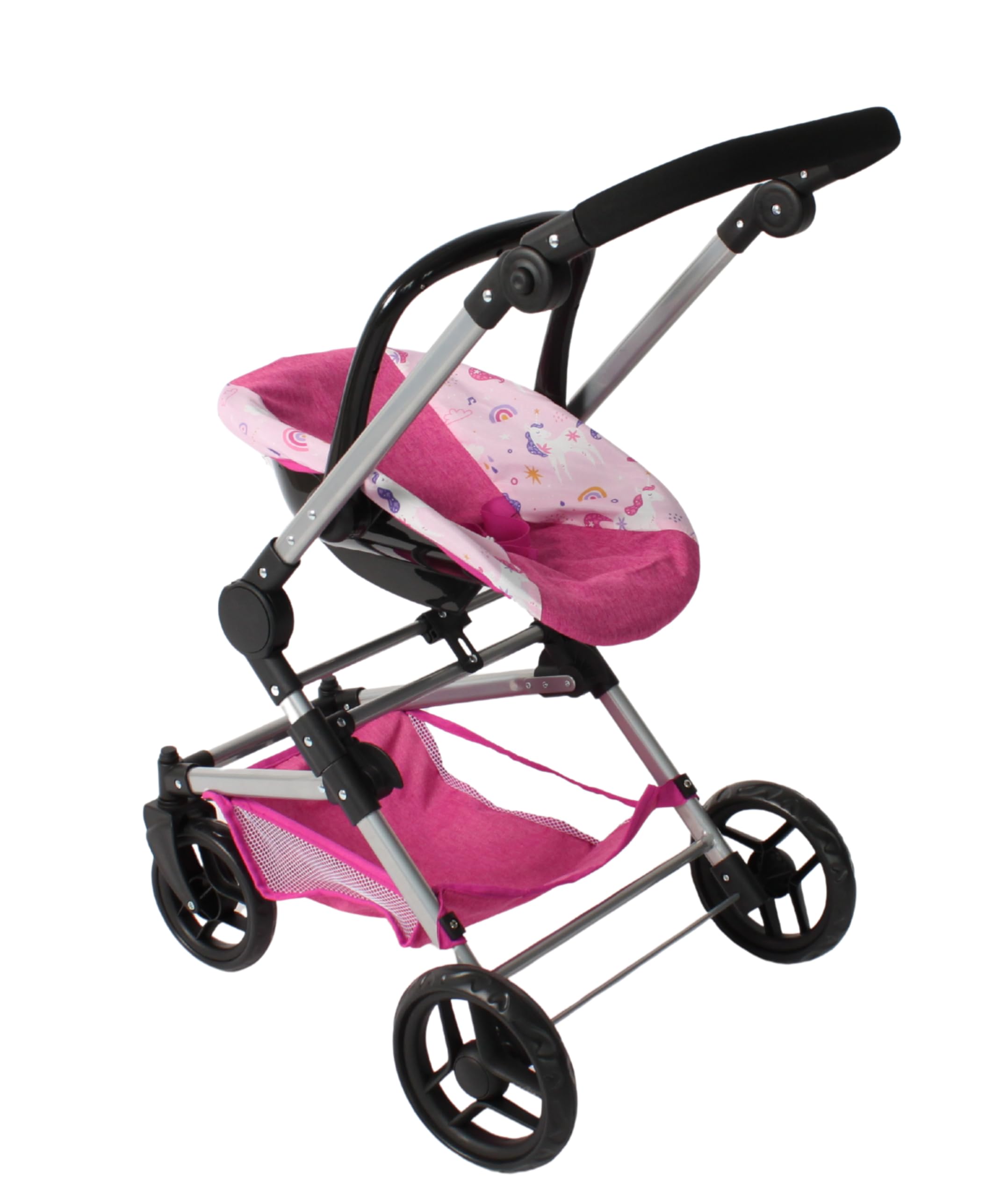 Bayer Chic 2000 - Passeggino per bambole Fides, set di passeggino 3 in 1 composto da navicella, seggiolino sportivo e seggiolino auto, unicorno, rosa